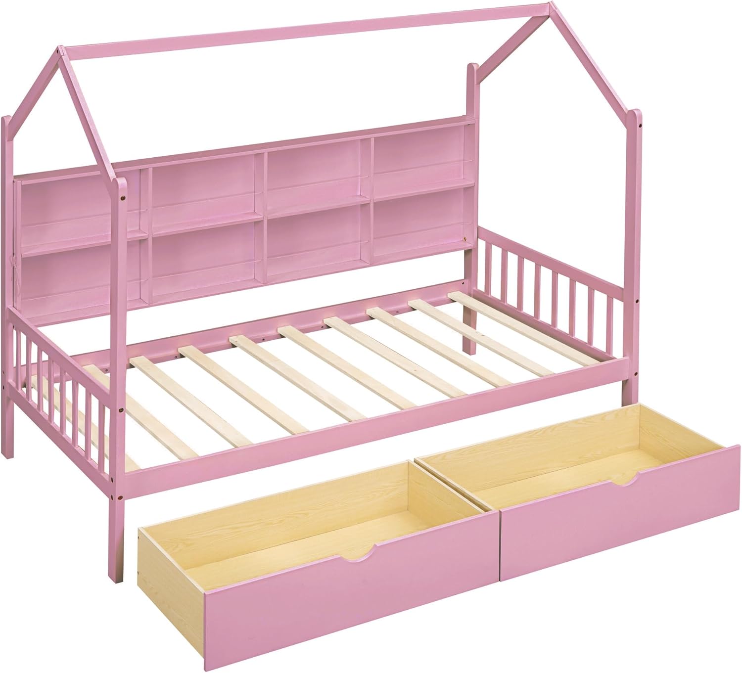 Wooden Twin Size House Bed with 2 Drawers,Kids Bed with Storage Shelf for Kids Teens Girls, Pink,77.5" L x 42.1.6" W x 68.2" H