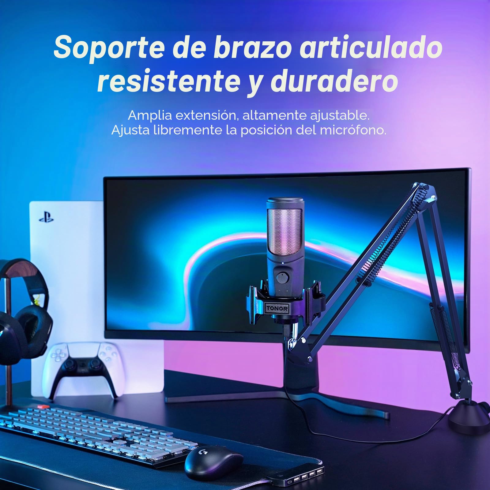 TONOR Micrófono USB RGB Gaming, para Streaming Micrófono de Condensador Cardioide, Micrófono de Estudio con Brazo Soporte TC40 RGB