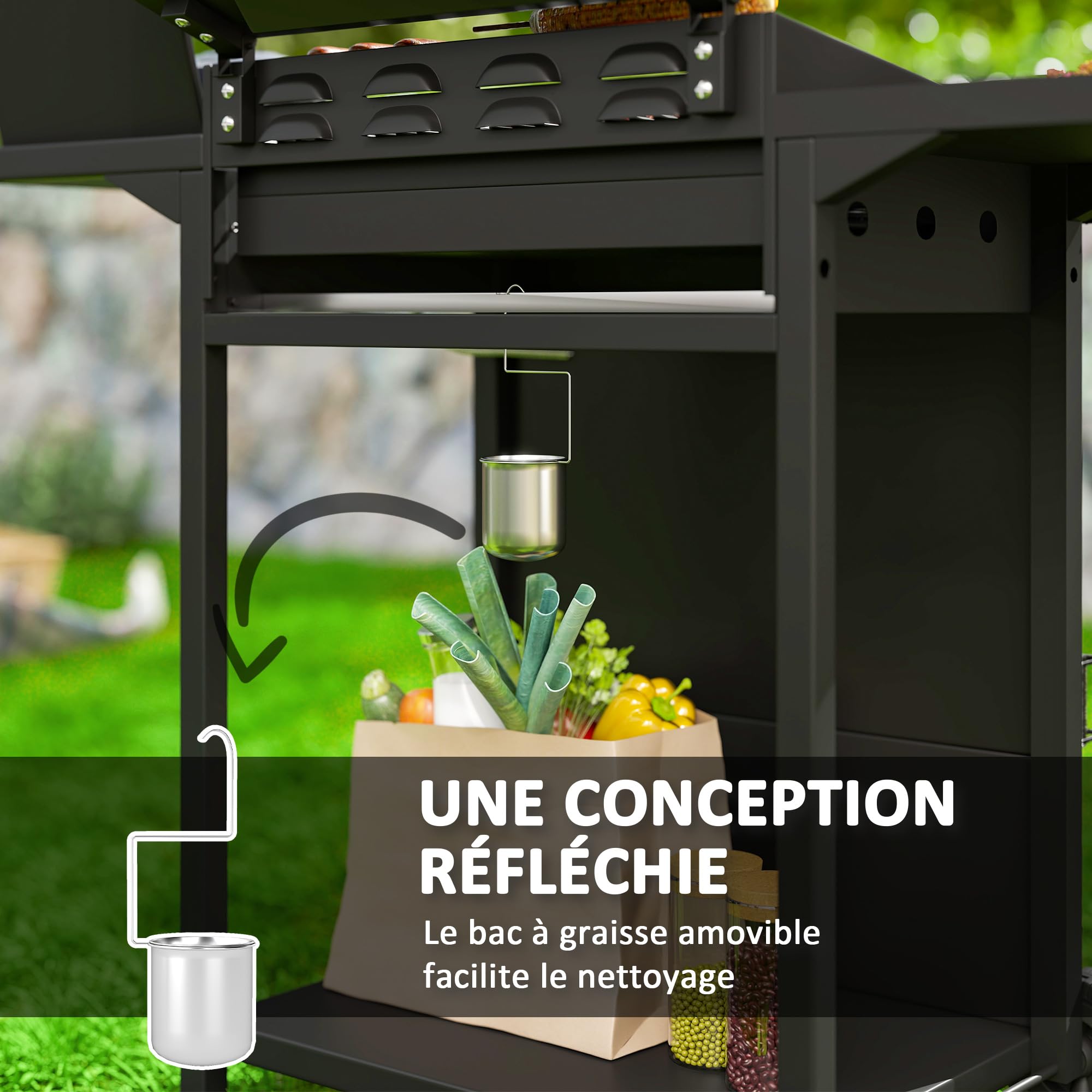 Outsunny Barbecue gaz 3+1 brûleurs en acier, puissance 9,5 kW, barbecue de jardin 2 grilles en chromé, étagères latérales, 2 roues, thermomètre, couvercle, pour camping et terrasse, noir