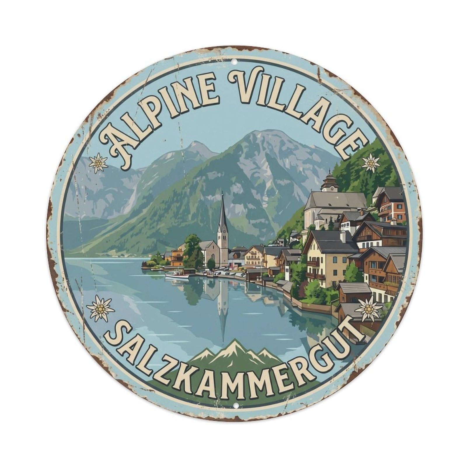 Vintage Travel Alpine Village Salzkammergut Metal Tin Sign Plaque Wall Decor for Cafe, Club Bar, Office, Home Garden Round Metal Poster 8x8Inch