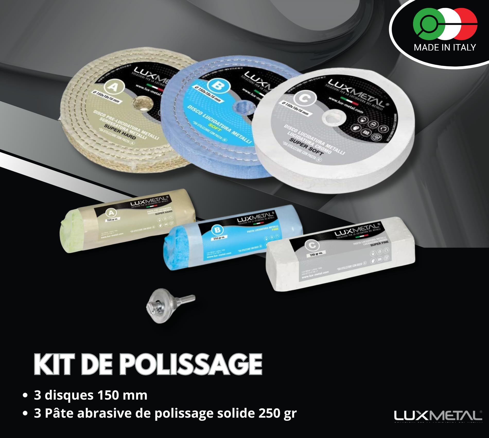 Lux Metal - Kit 3 Disques de Polissage de 150 mm et 3 Pâtes Abrasives de 250 gr - Parfaits pour polir des métaux tels que l'aluminium, le fer, l'acier inoxydable, le laiton, le cuivre, l'or, le marbre