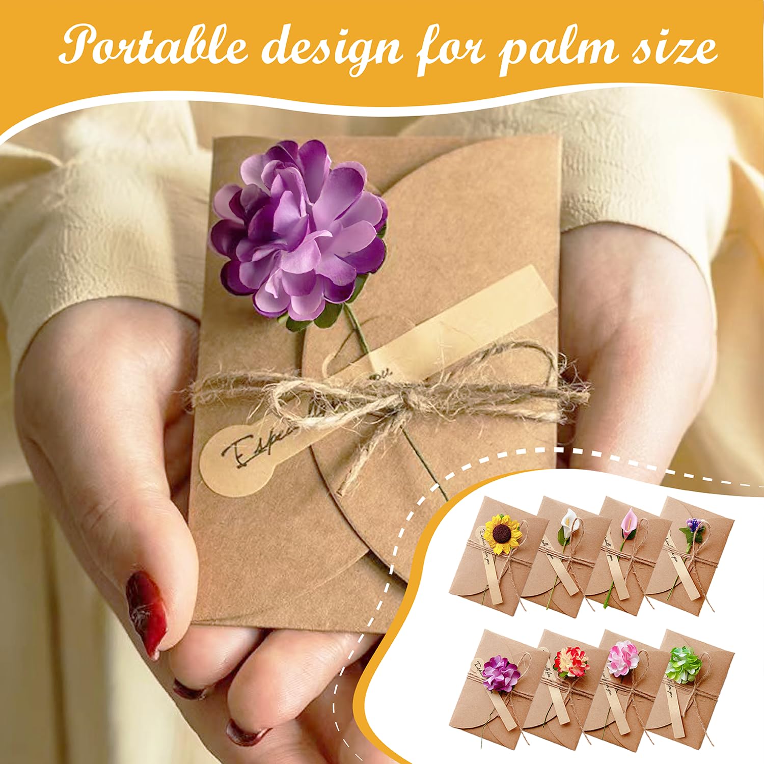 Kraft Papier Retro Grußkarten mit Umschlägen, 8 Stück, Trockenblumen, für Hochzeit Geburtstag Weihnachten
