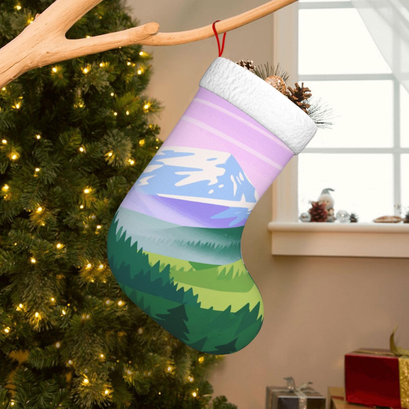 Velvet Christmas Stockings 17.7 Inch, Mountain Forest Landscape Painting Xmas Stocking with Soft Cuff,Classic Personalized Christmas Tree Decoration for Family Holiday New Year Party Supplies