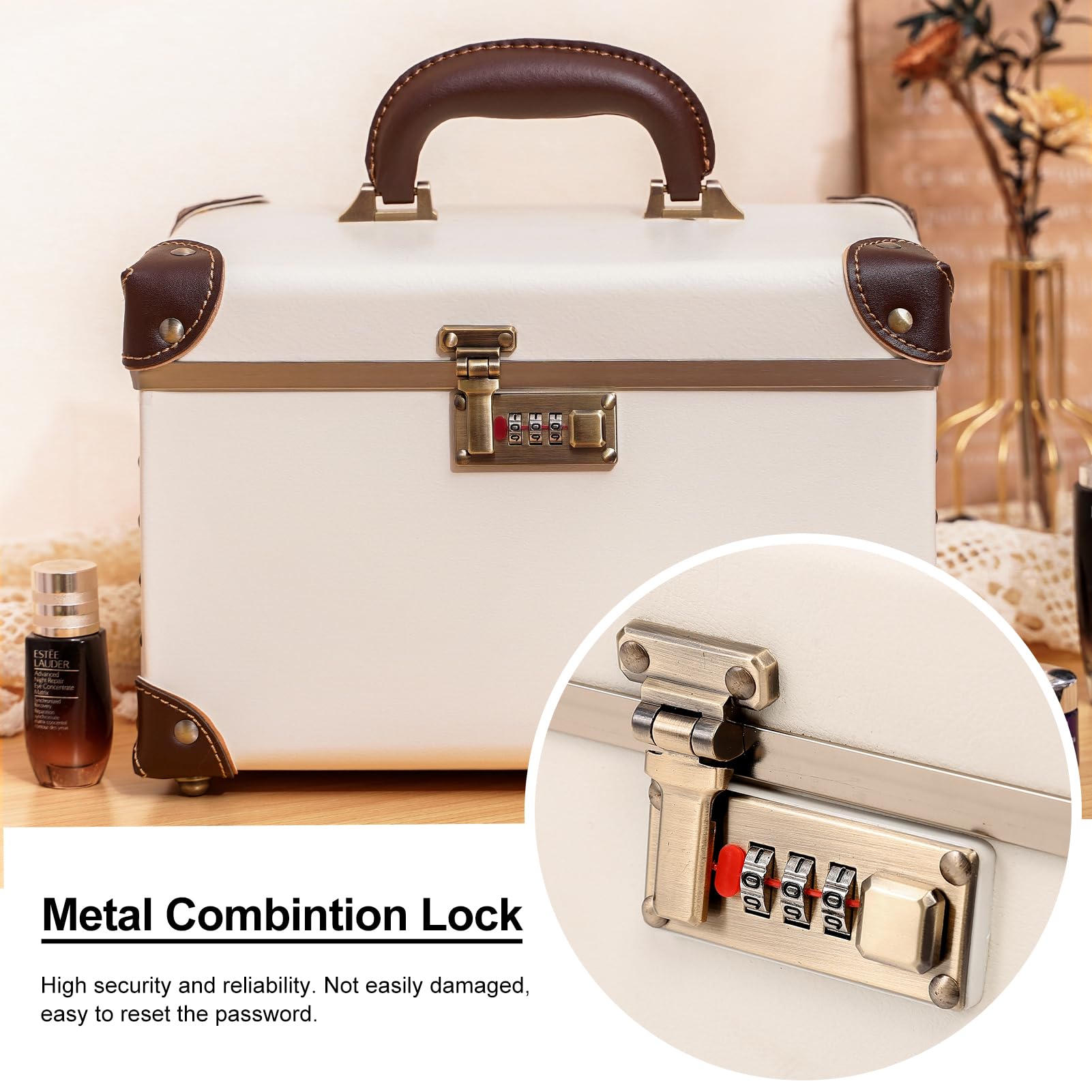 urecity Tragbar Kosmetikkoffer Vintage Make up Organizer Beautycase Schminkkoffer Retro aus Leder mit Zahlenschloss (Heiliges Weiß, 15"(33 x 22 x 21 cm))