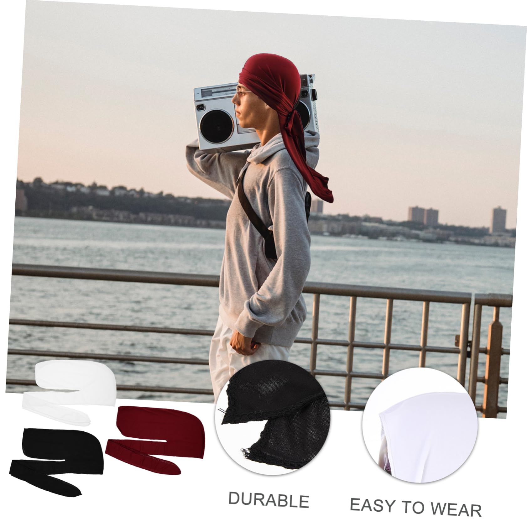 minkissy 2sets 3pcs Long Tail Hats for Men Breathable Wraps for Outdoor Cycling High Elasticity Durags for Hip Hop Style Comfortable Smooth Material Deep 3pcs*2