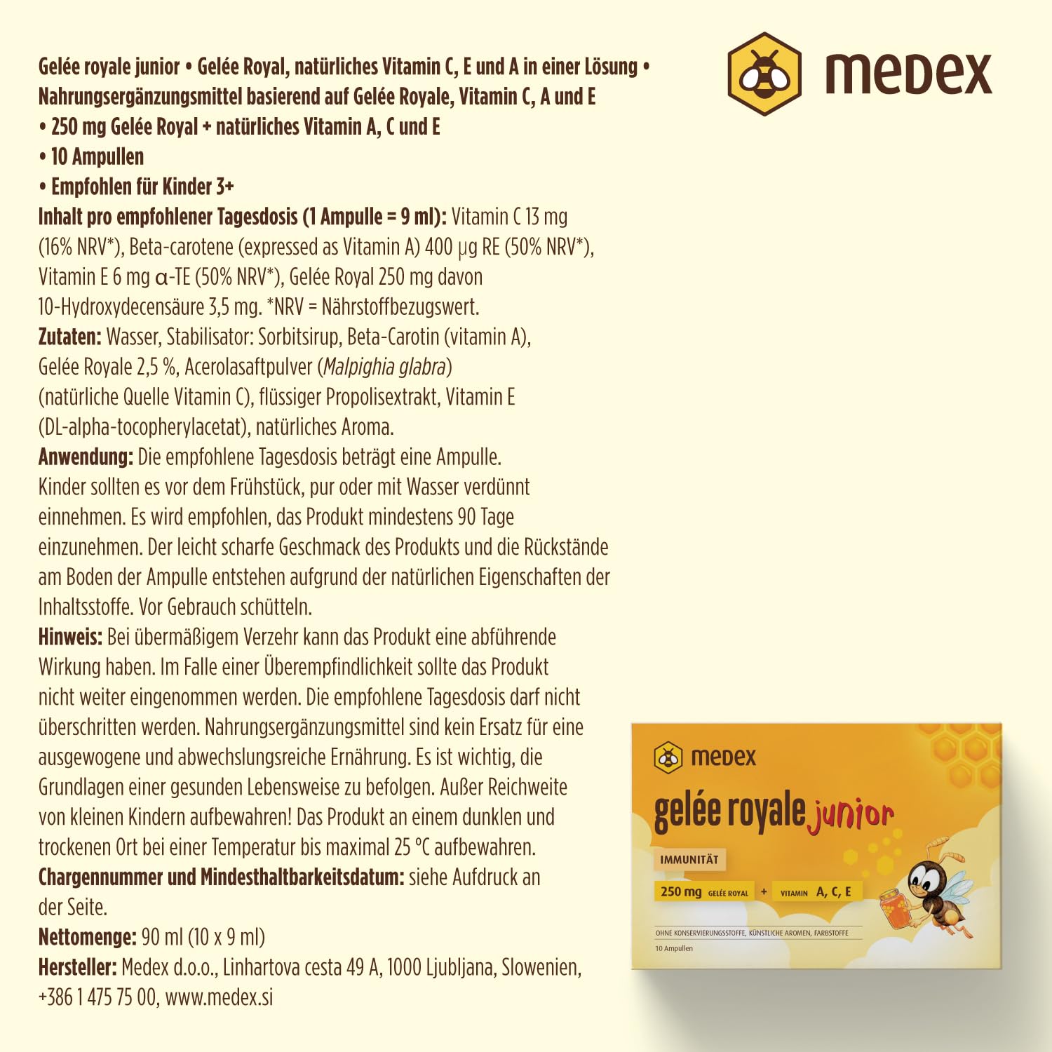 Medex Gelée Royale JUNIOR, frisches Gelee Royal 250 mg, mit natürlichen Vitaminen A, C, E, ausgezeichneter Geschmack, ohne Süßstoffe, für Kinder ab 3+, Flüssigkeit in Ampullen 10 x 9 ml