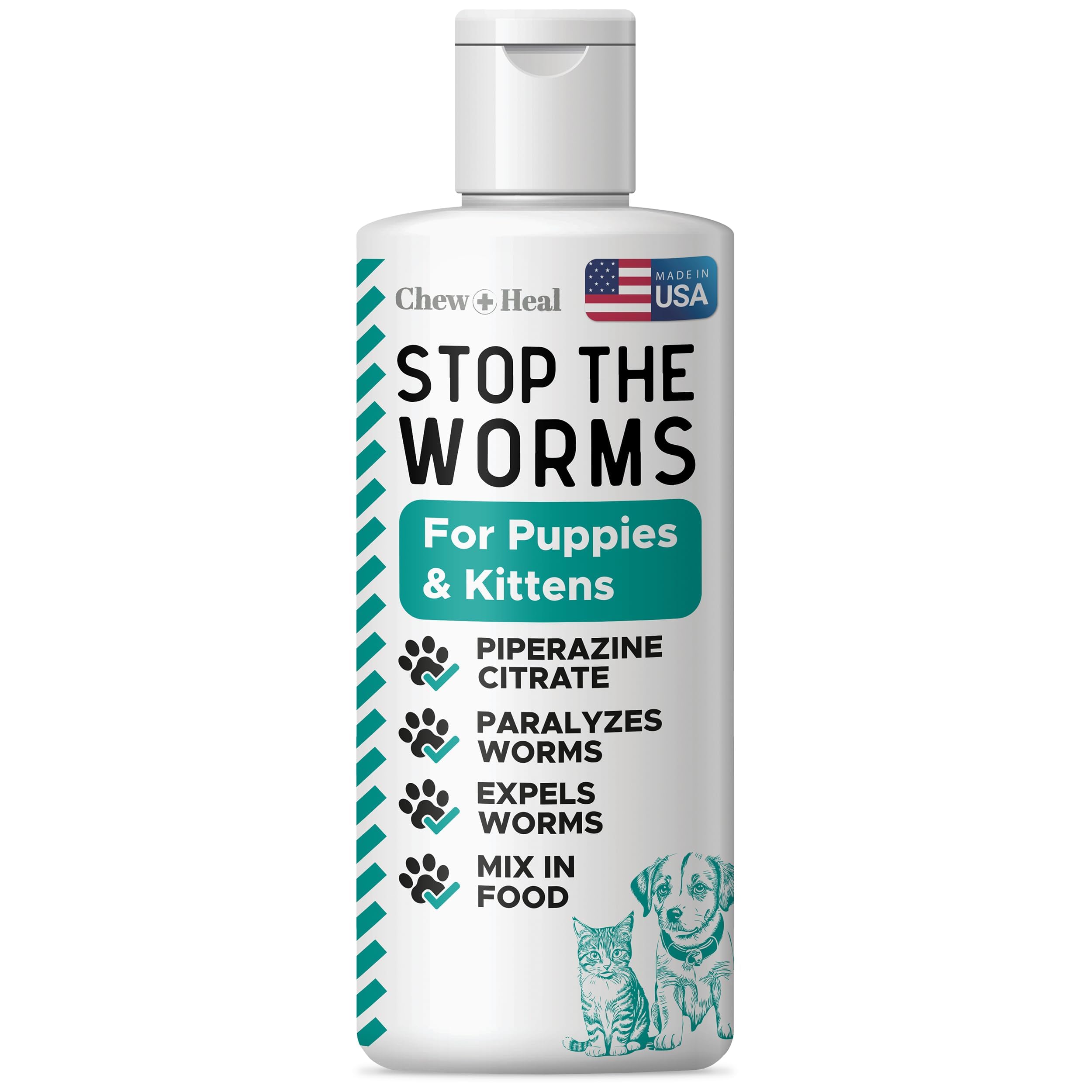 Chew + Heal Labs Dog and Cat Dewormer - 12 oz of Wormer Liquid to Paralyze and Expel Roundworms - Kitten and Puppy Dewormer