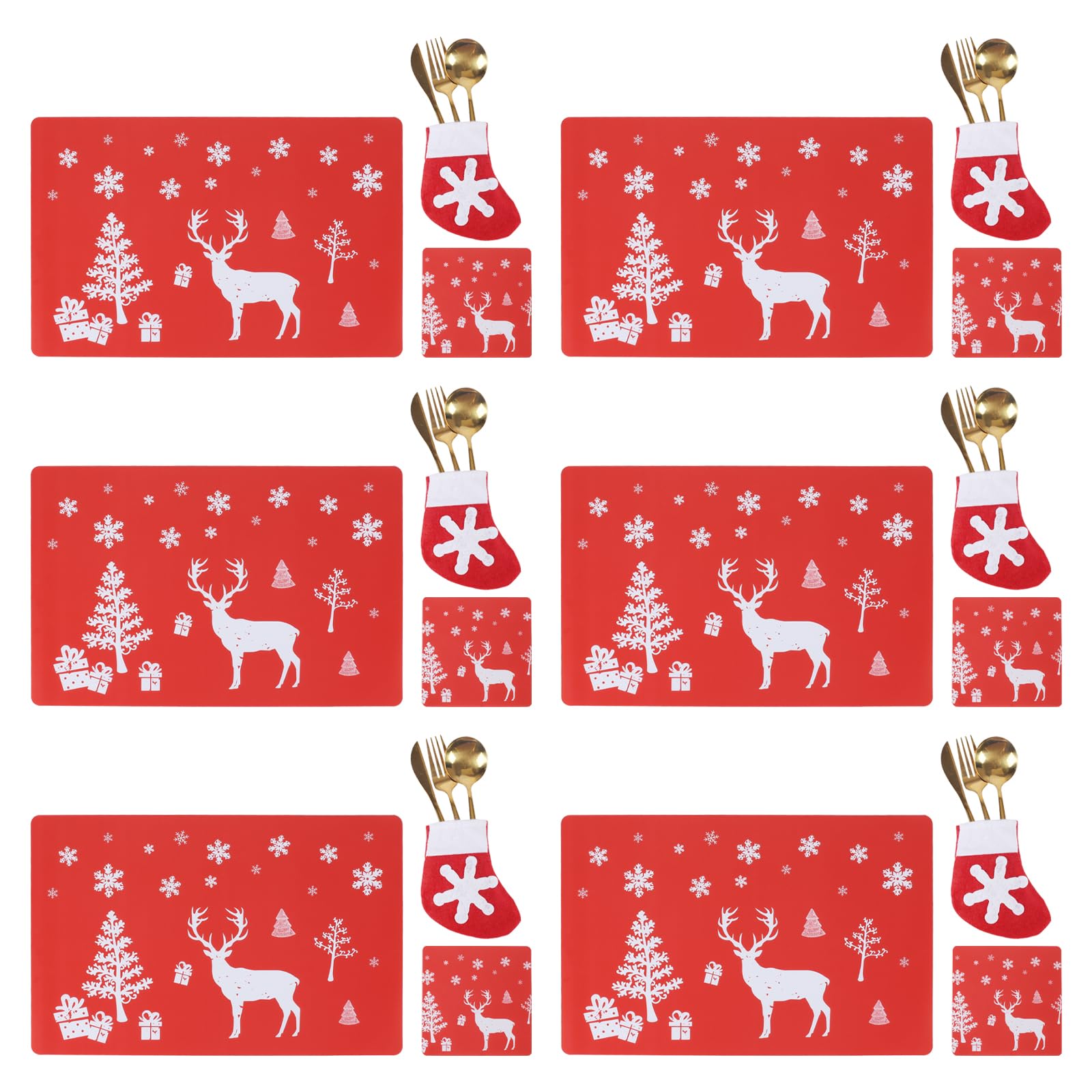 GGISUI 18 Piezas Decoración Navideña Mantel Comedor y Posavasos, Resistentes al Calor de PVC Lavables Manteles Individuales de Navidad Renos, para la Decoración de La Mesa de Comedor en casa