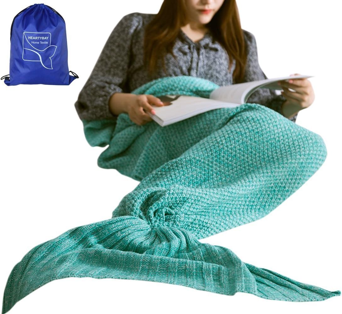 heartybay Crochet Mermaid Tail Blanket for Adult, Super Soft All Seasons Sleeping Mermaid Blanket (71"x35.5") - Mint Green