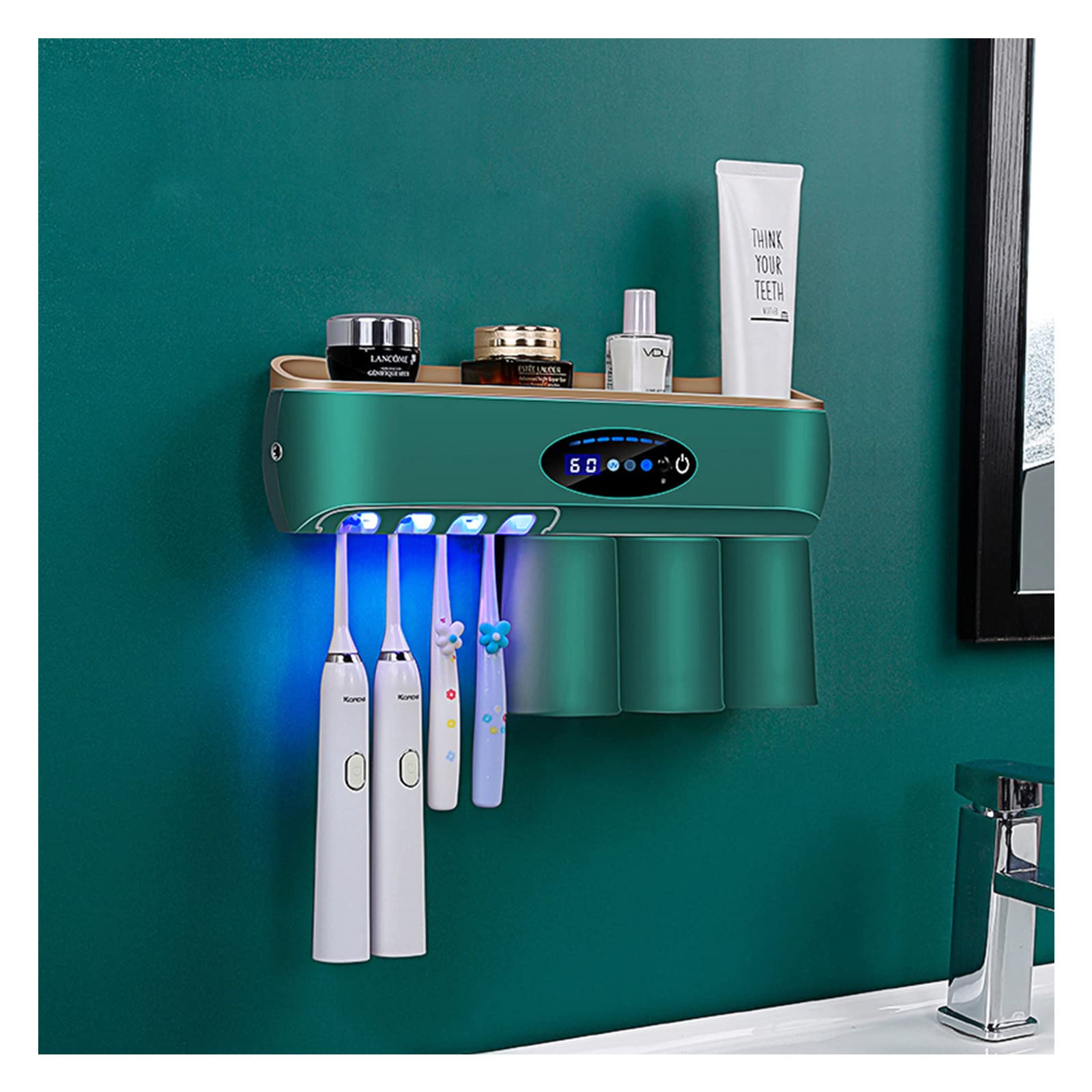 Porta Cepillo de Dientes, Soporte Cepillo de Dientes con Función Esterilizador Secado, LED Estuche Cepillo Dientes con Luz Nocturna, Organizador Baño USB Recargable Verde
