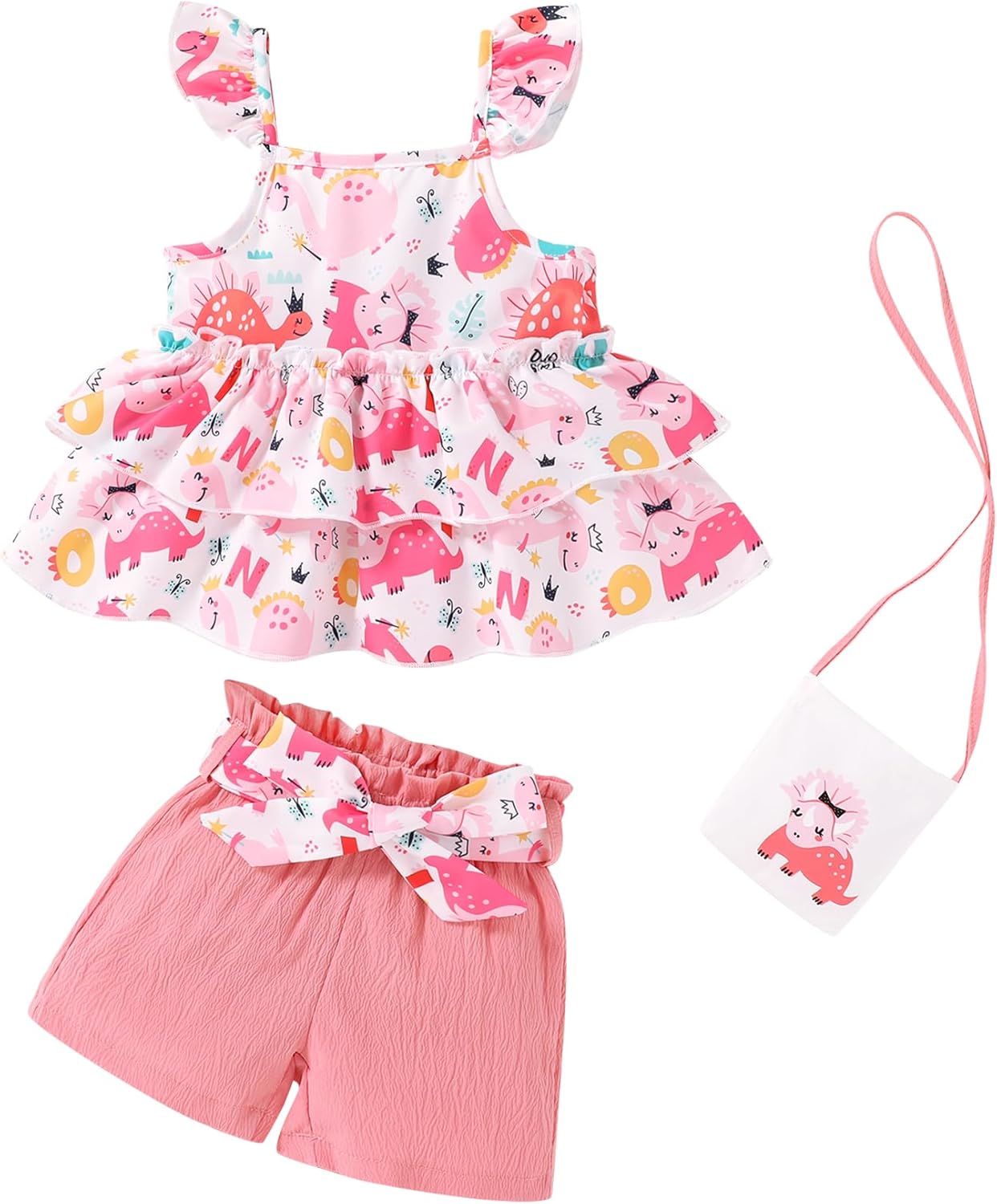 YOUNGER TREE Toddler Baby Girl Clothes Ruffle Sleeveless Strap Dress Tank Shorts Set Summer Outfits With Bag