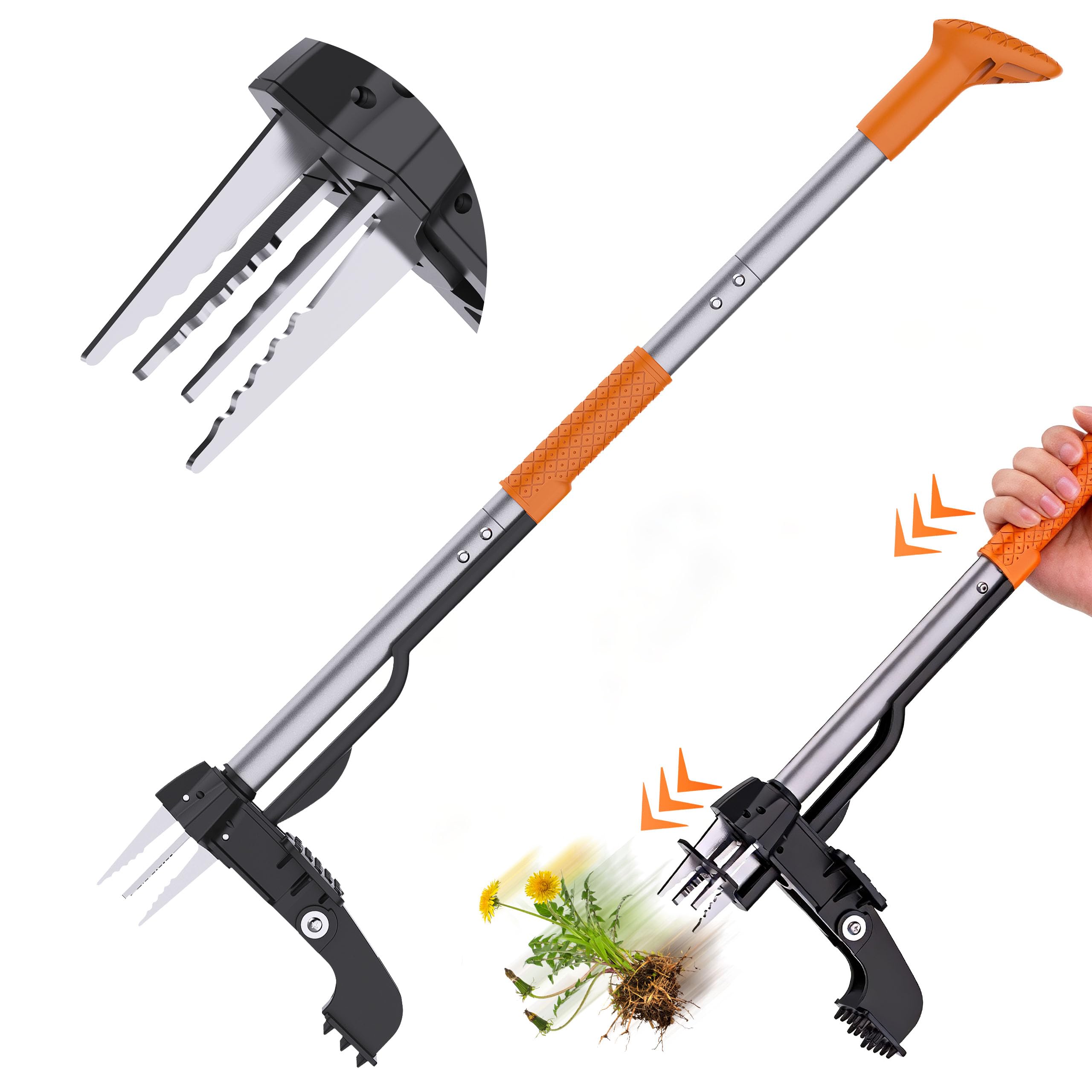 Stand Up Unkrautabzieher Werkzeug - Hand Jäten Werkzeug mit Easy Eject Mechanismus, 4-Krallen-Stahl-Unkrautwerkzeug mit 101,6 cm Griff für Löwenzahn, Klee, kein Bücken oder Knien