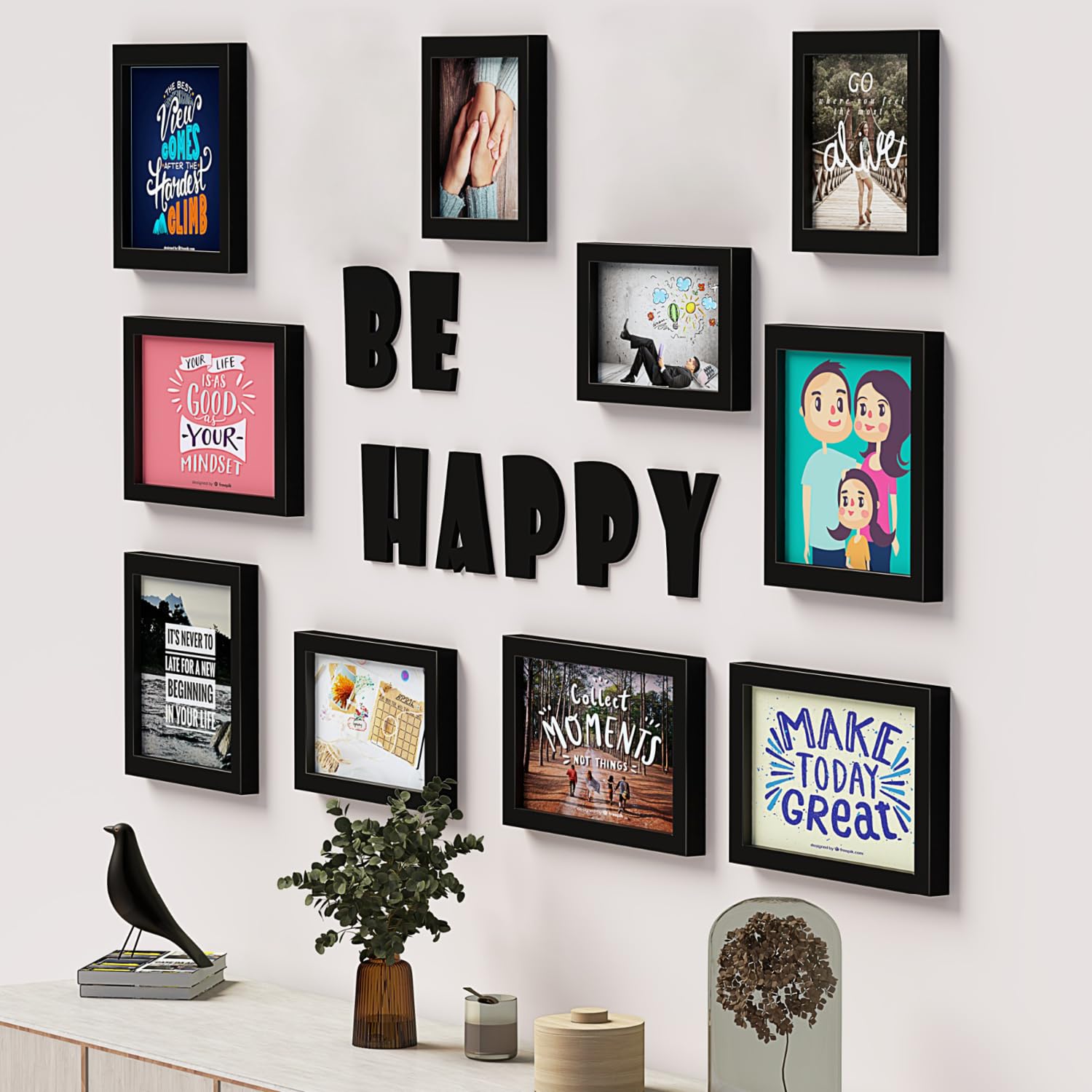 amazon basics Synthetic Rectangle/Square Photo Frames | Quotes Wall Hanging Frames for Bedroom, Home, Office | Be Happy, Black,18.2x23.2x1.3 Cm