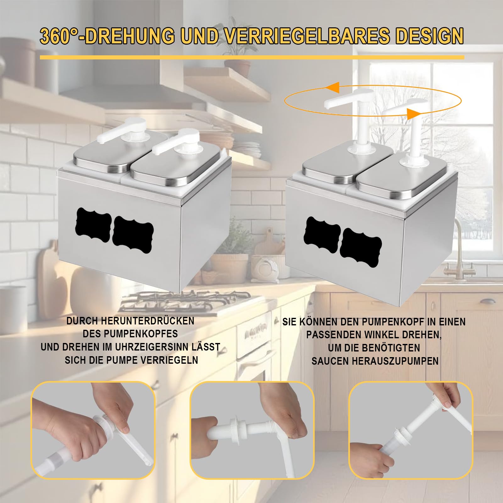 Distributore per ketchup da 5 l, con 2 pompe, 4 etichette, rimovibili, girevoli, in acciaio inox, per cucina e ristorante, ketchup, condimento per insalata, mayo, miele, salsa di soia e aceto