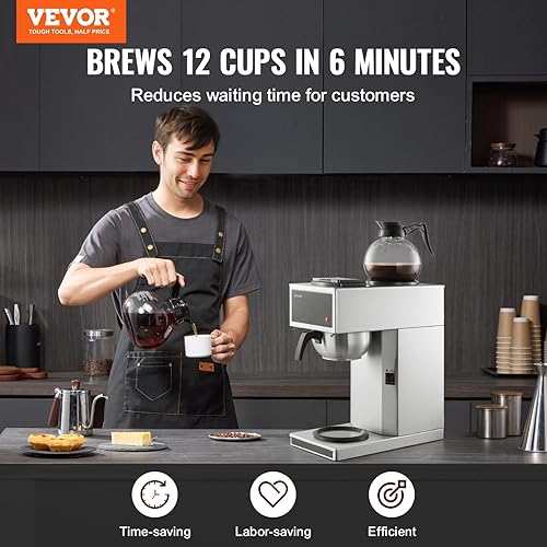 Miniatura 2 de VEVOR Cafetera comercial de goteo, cafetera de 12 tazas con 2 jarras de vidrio y 2 platos calentadores de decantador, cafetera de acero inoxidable