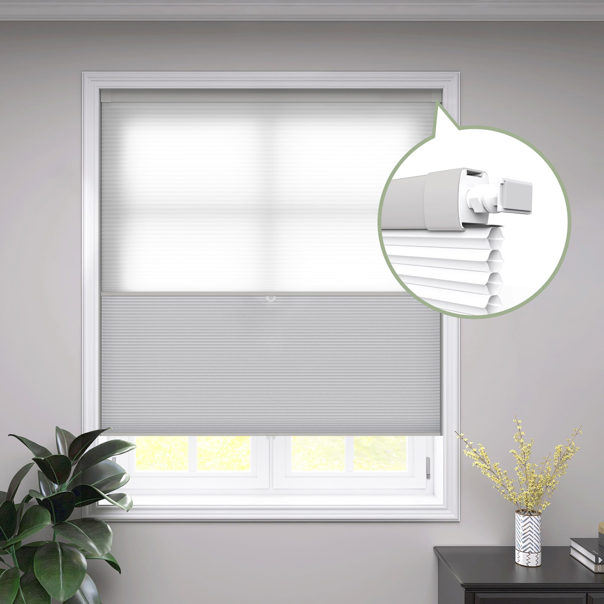 SLKWDOBD No Drill Day Night Cellular Shades Cordless, 2 in 1 Double Honeycomb Blinds, Blackout and Light Filtering Top Down Bottom Up Cellular Shades,