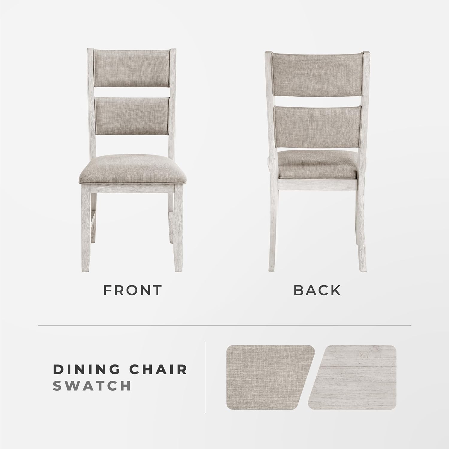 Lexicon Dining Chair Set of 2, Wooden Kitchen Chairs with Light Gray Textured Fabric Upholstered Seats and Back Rest, Accent Seating for Dining Room/Kitchen, Assembly Required, Brushed Antique White