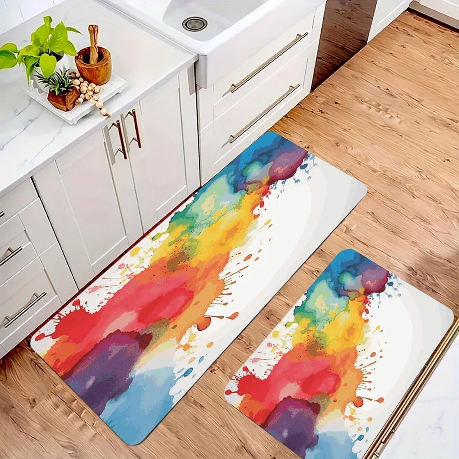 Stains of Watercolor Paint Splatters Kitchen Mat Kitchen Rug Set | Kitchen Rugs Flannel Velvety Washable breathable Water Absorbent Soft ，kitchen utensils for Kitchen, Floor,Laundry