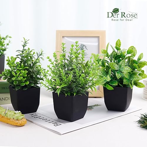 Vista 6 de Der Rose Paquete de 4 plantas falsas negras para decoración de baño, mini plantas artificiales en maceta para decoración de Halloween, decoración