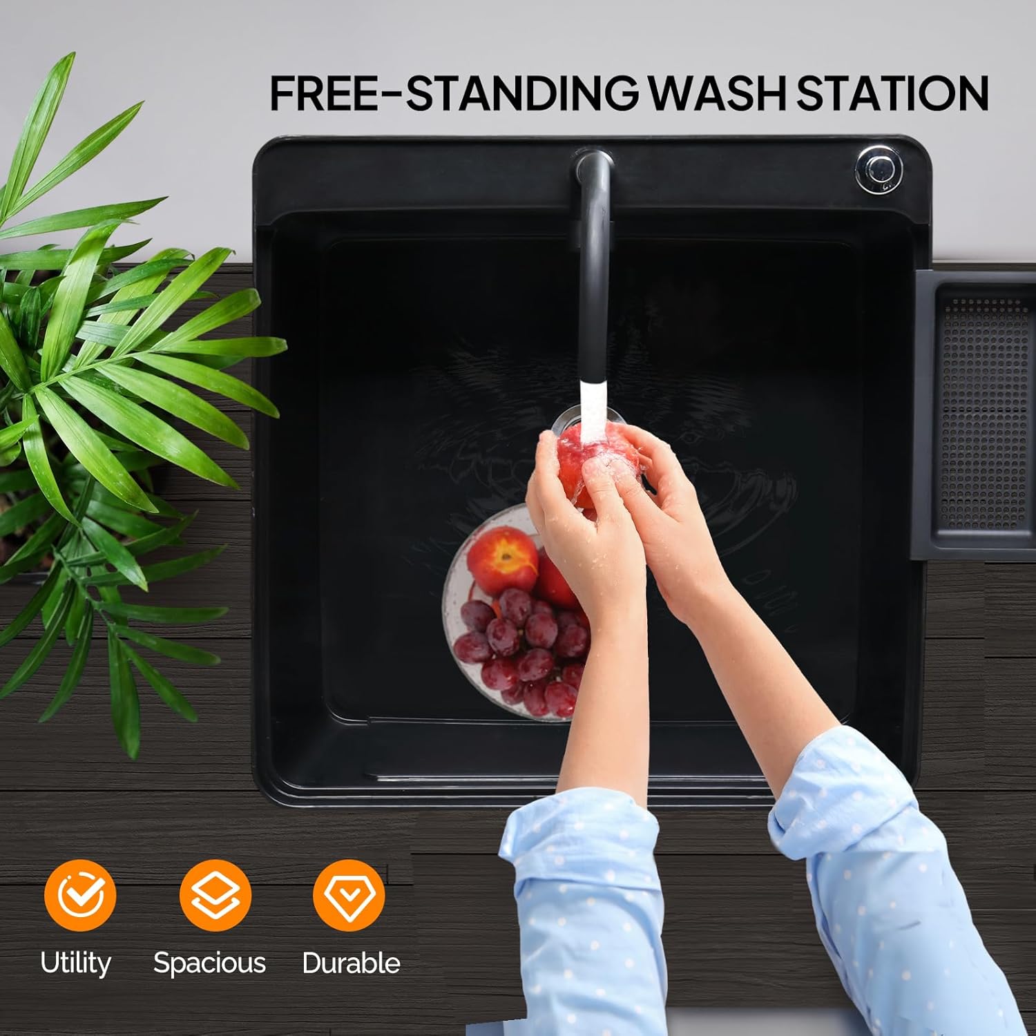 VINGLI Utility Sink Laundry Tub for Washing Room, Freestanding Utility Sink with Stainless Steel Faucet (19.7"W x 18.9"D x 33"H, Black)