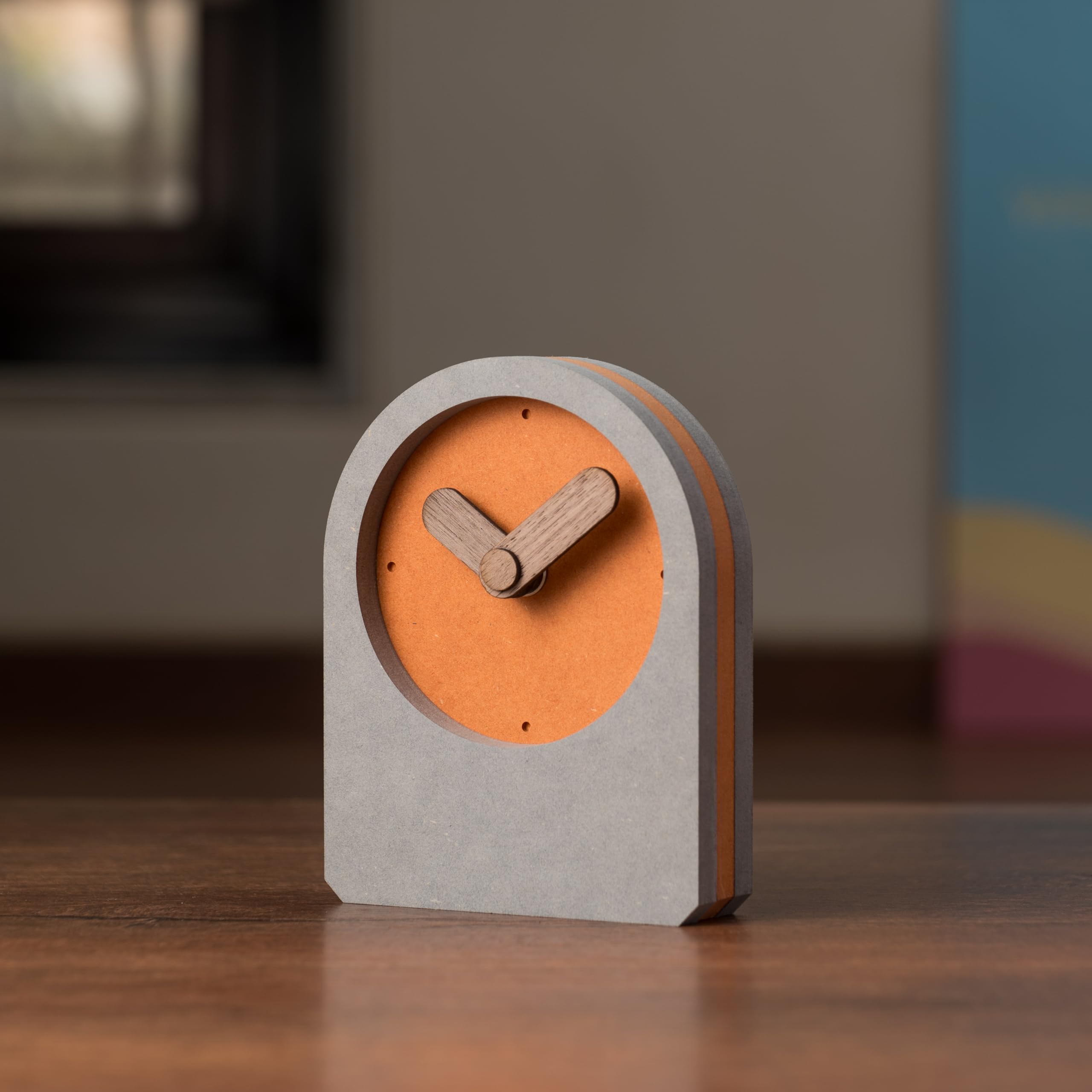 COMMA Haze | Desk & Shelf Clock | Size (13cm X 10cm) (5.11inch X 3.93) | Wooden Finish Table Clock | Battery Operated | Composite Material - Orange