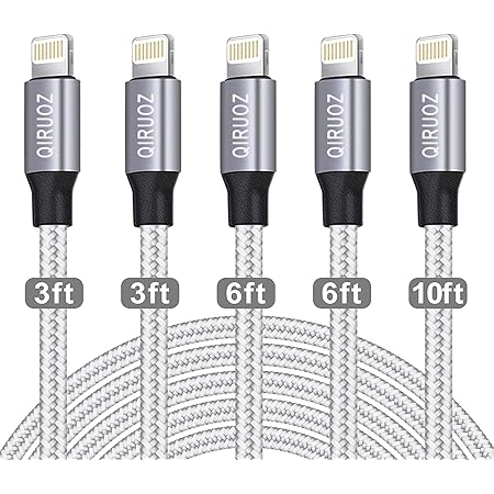 iPhone Charger [Apple MFi Certified] QIRUOZ 5Pack(3/3/6/6/10FT) Compatible iPhone 12Pro Max/12Pro/12/11/Pro/Xs Max/X/8 and More-Silver&White