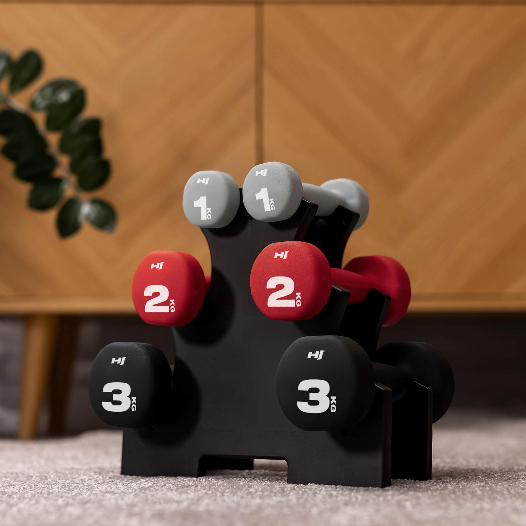Hop-Sport Hanteln Set, Kurzhanteln 2 x 1 kg, 2 x 2 kg, 2 x 3 kg mit Ständer, Neopren Fitnesshanteln aus Gusseisen, rutschfest für Frauen und Männer, Home Gym, Krafttraining und Pilates