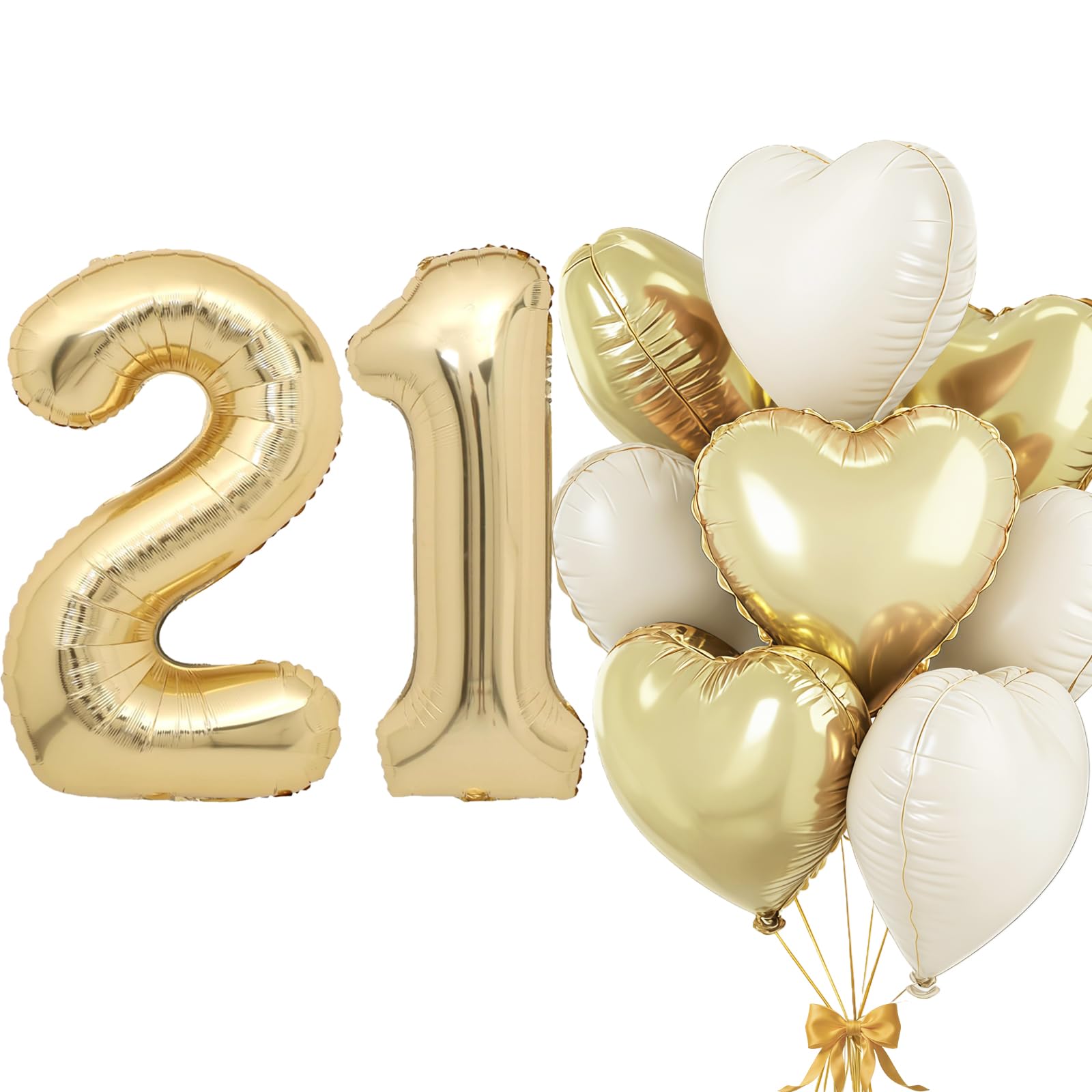 Light Gold Balloon 21, Foil Balloon Number 21, Light Gold Beige Heart Foil Balloon, 40 Inches Helium Balloon 21 & 12 with Heart Balloons, Balloon 21 Birthday Decor Set for Birthday Party Decoration