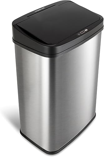 Ninestars Automatic Touchless Infrared Motion Sensor Trash Can, 13 Gal 50L, Stainless Steel Base (Rectangular, Black Lid), Black Trim