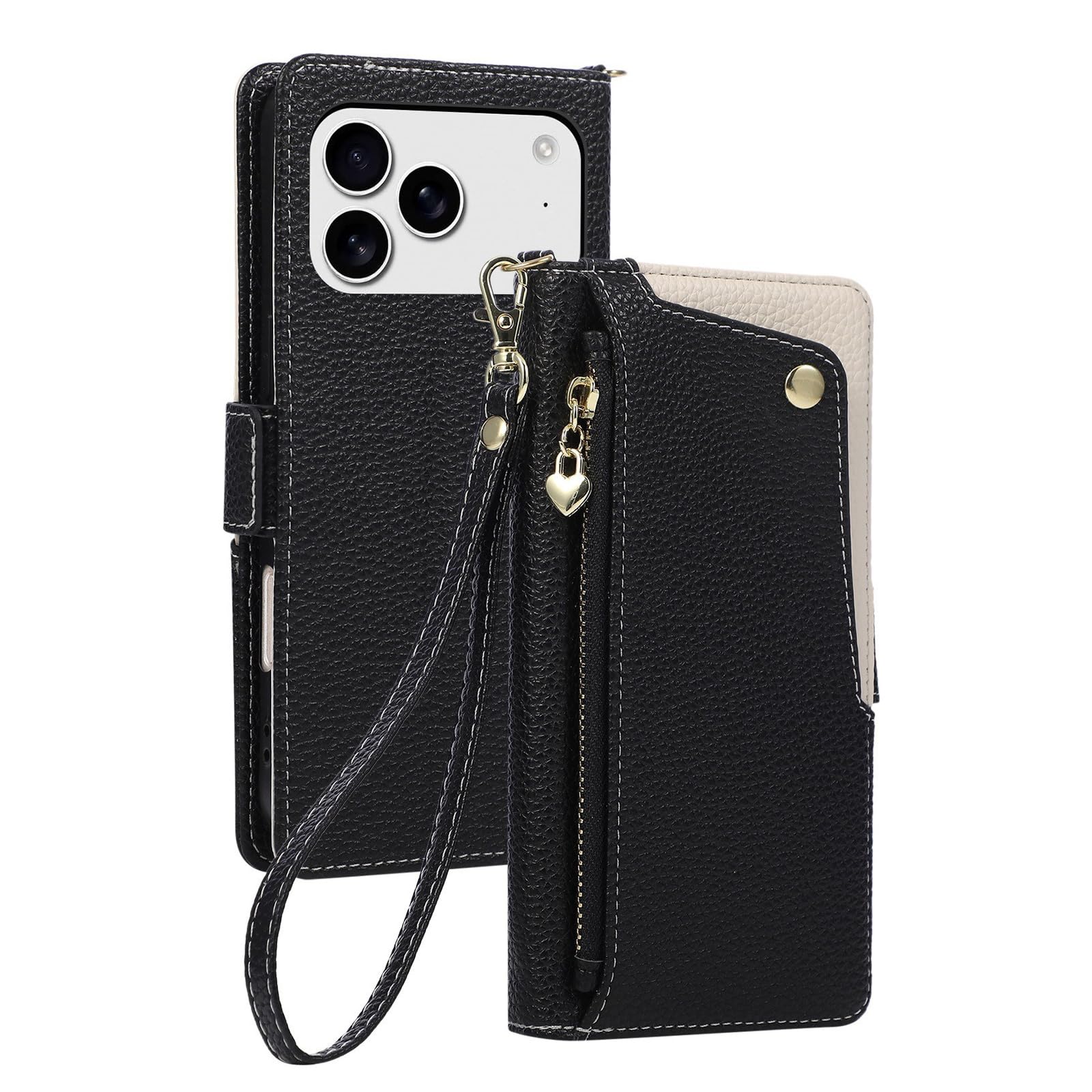Ribaltabile Cover per iPhone 17 Pro Max/17 Pro/17 Air/17, Modello Litchi | Cerniera Portafoglio Moda Pelle Custodia con Tracolla Porta Carte Funzione Supporto Donna Telefono Caso