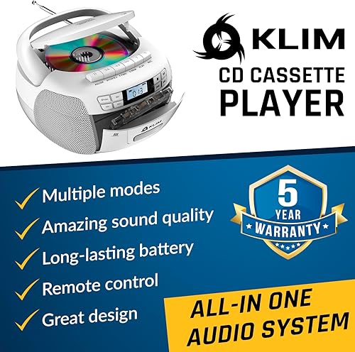 Miniatura 2 de KLIM Reproductor de CD y reproductor de cinta de cassette, Bluetooth Boombox, radio AMFM, sonido estéreo, control remoto, combo de CD y cassette,