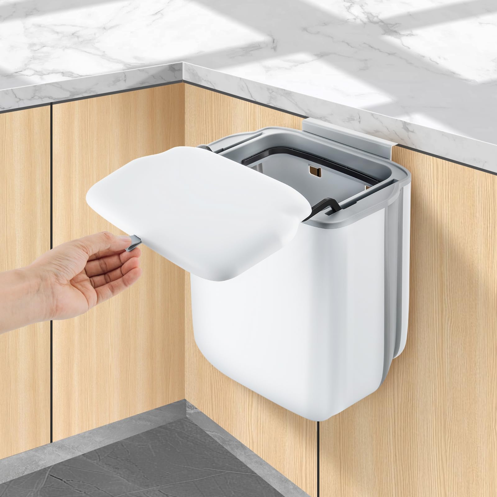 Nymblis Foldable Hanging Kitchen Bin with Lid, 10L Compact Food Waste Bin
