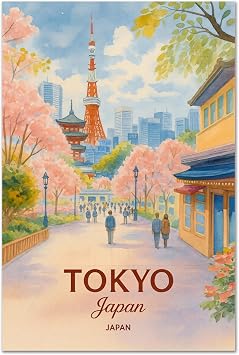 Aozomo Tokyo Travel Poster Wall Art Japan Cherry Blossom Canvas Print, Tokyo Tower City Landscape Home Decor for Living Room, Bedroom, Office Unframed,20x30in