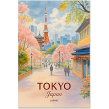 Aozomo Tokyo Travel Poster Wall Art Japan Cherry Blossom Canvas Print, Tokyo Tower City Landscape Home Decor for Living Room, Bedroom, Office Unframed,12x18in