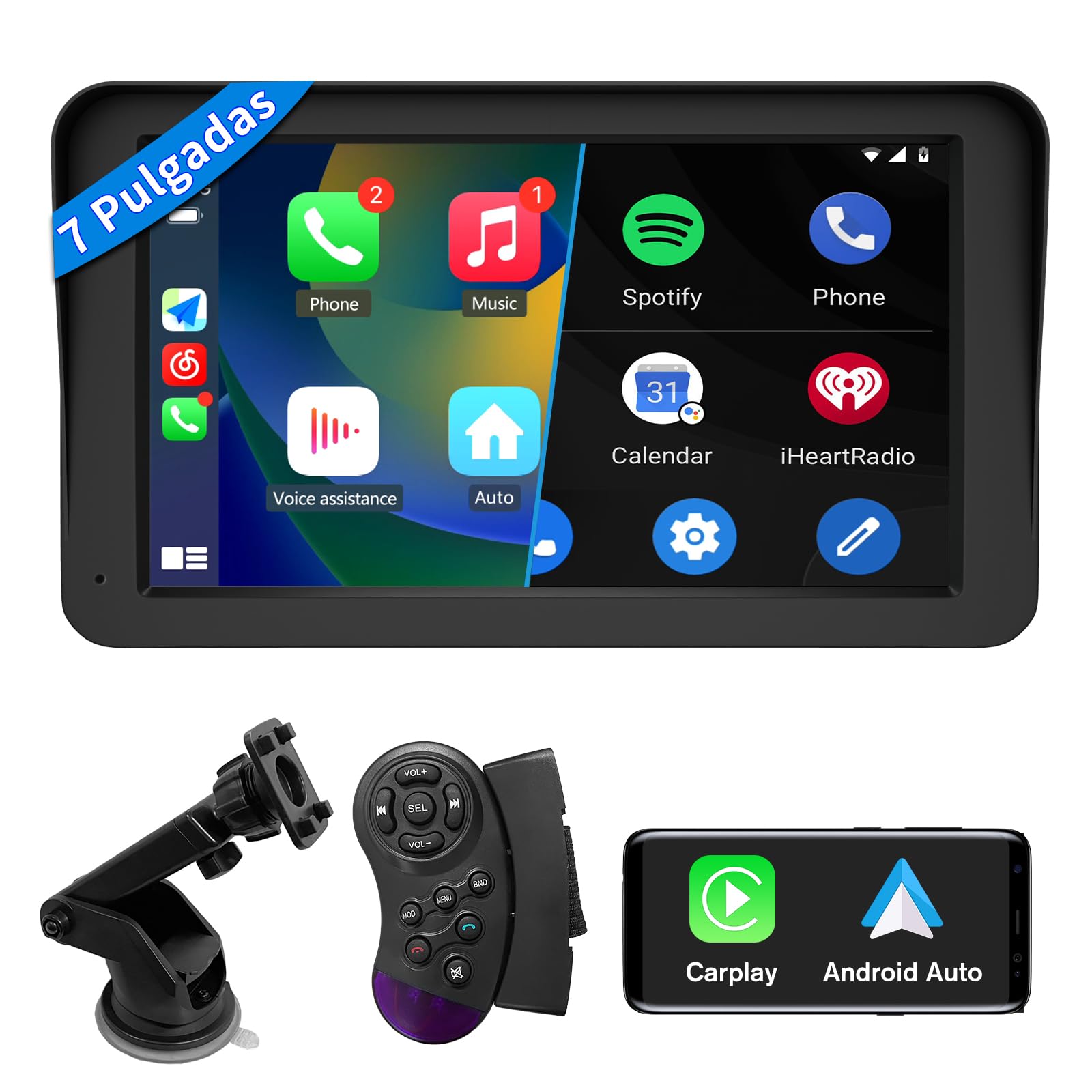AWESAFE 7”Pantalla de Coche CarPlay/Android Auto/MirrorLink Inalámbrico para Coche, Reproductor de Coche Pantalla Tactíl Admite Bluetooth/SIRI/Asistencia de Voz/Sin Instalación