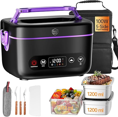 Lonchera eléctrica inalámbrica con calefacción, calentador de alimentos portátil de 2 x 1.2 L, tecnología de calor envolvente 5D, 6 x 4000 mAh,
