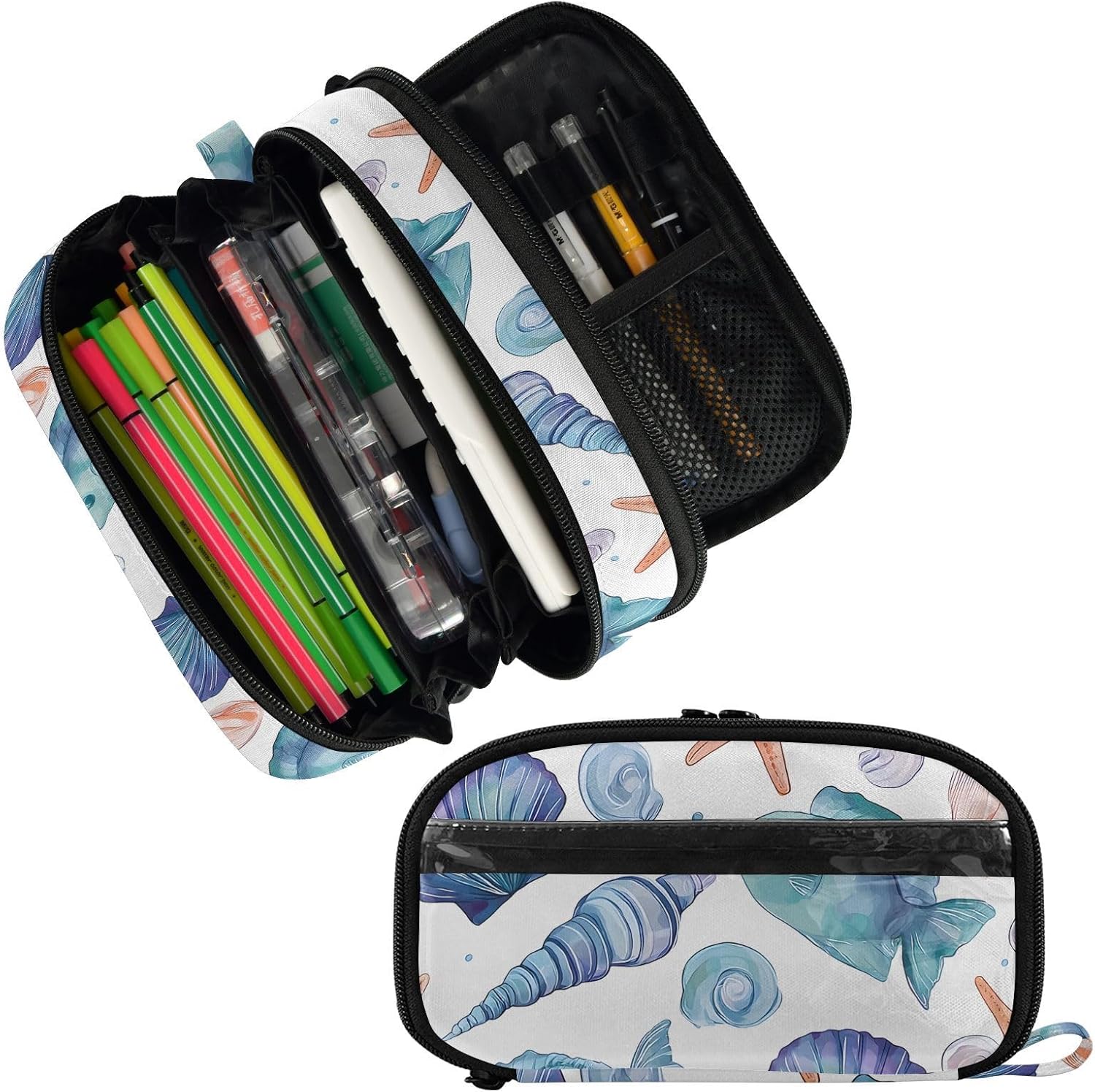 ALAZA Blue Shellfish Fish Starfish Pattern Large Capacity Pencil Case, Aesthetic Stationery Organizer Bag with Clear PVC Window, High Capacity Pen Pouch with Dividers for School Office Travel image 2