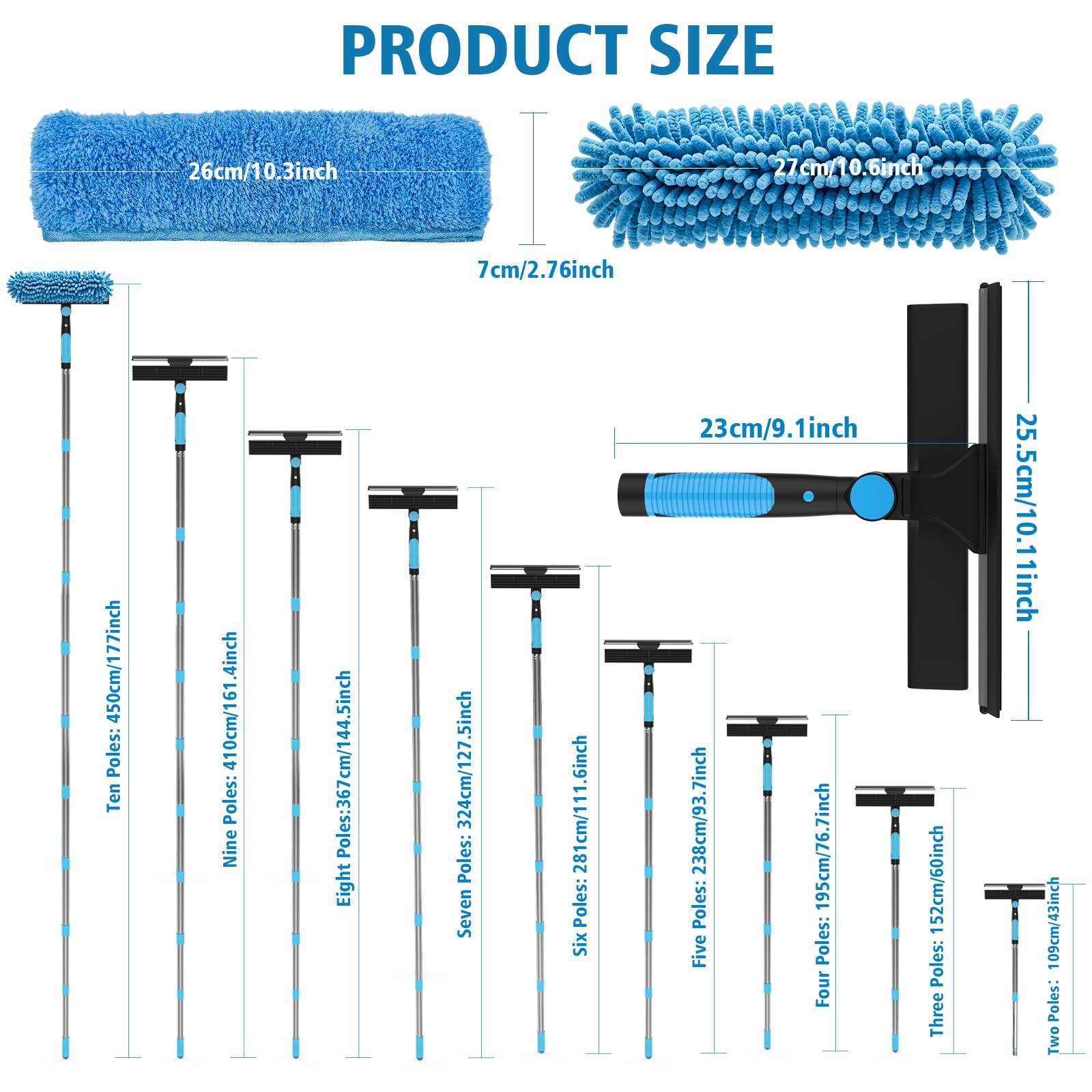 El juego de equipo de limpieza de ventanas de 4,5 m incluye limpiador de ventanas de 400 ml y escobilla de goma 2 en 1 con poste de limpieza extensible, kit de limpieza de ventanas sin rayas para - 3