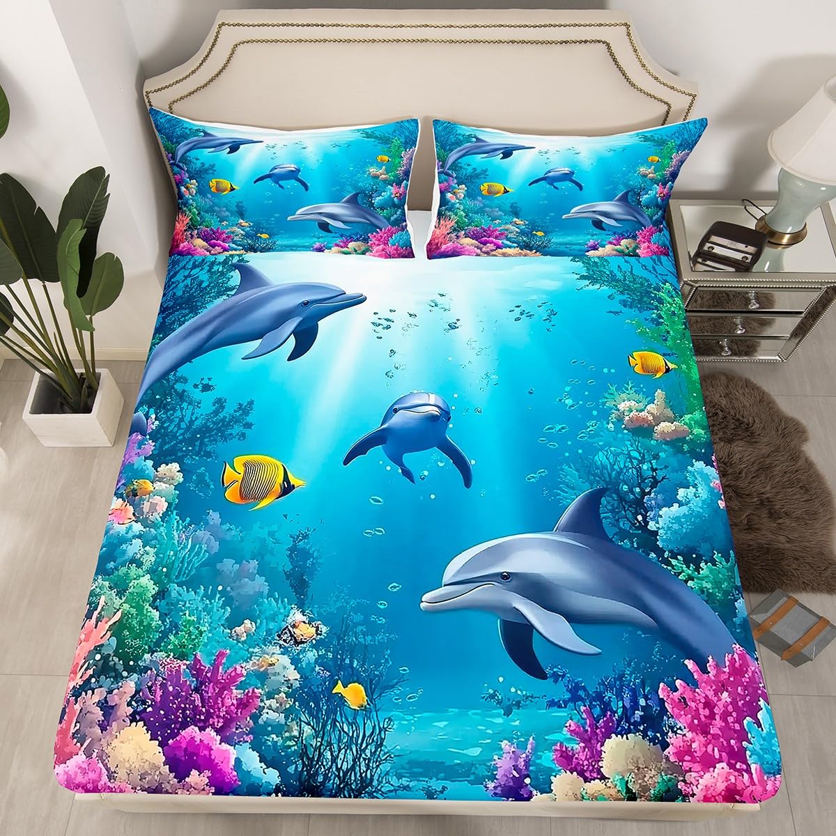 Erosebridal Dolphin Fitted Sheet Twin Size,3D Fish Bedding Sets Colorful Coral Reef Bed Sheets Nautical Sea Animal Aquarium Bedding Decor Set