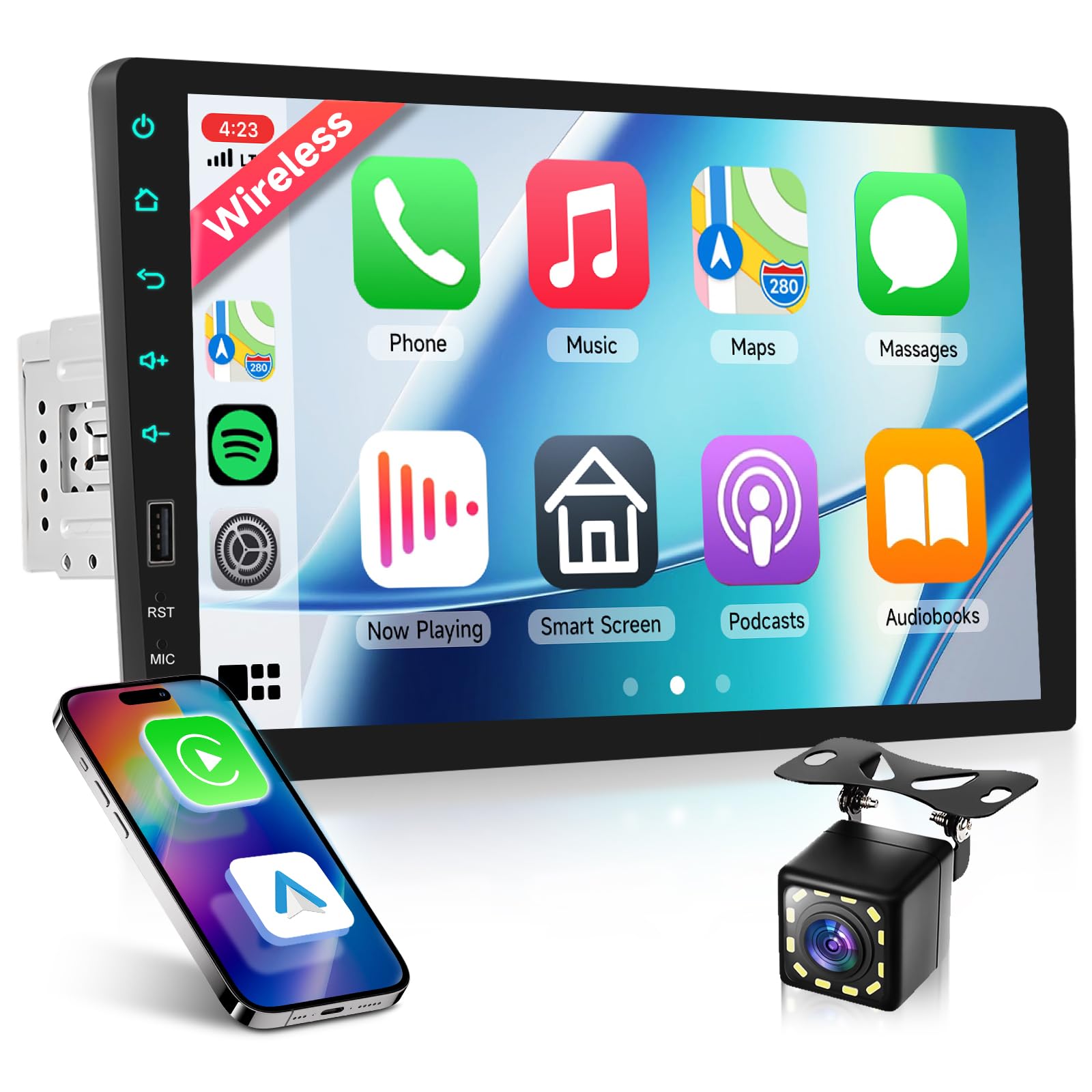 VECHTEL Autoradio 1 Din avec Carplay Android Auto sans Fil, 9 Pouces IPS HD Écran Tactile Poste Radio Voiture Soutien Bluetooth Radio AM/FM/RDS EQ USB Mirror Link SWC MIC Caméra de Recul