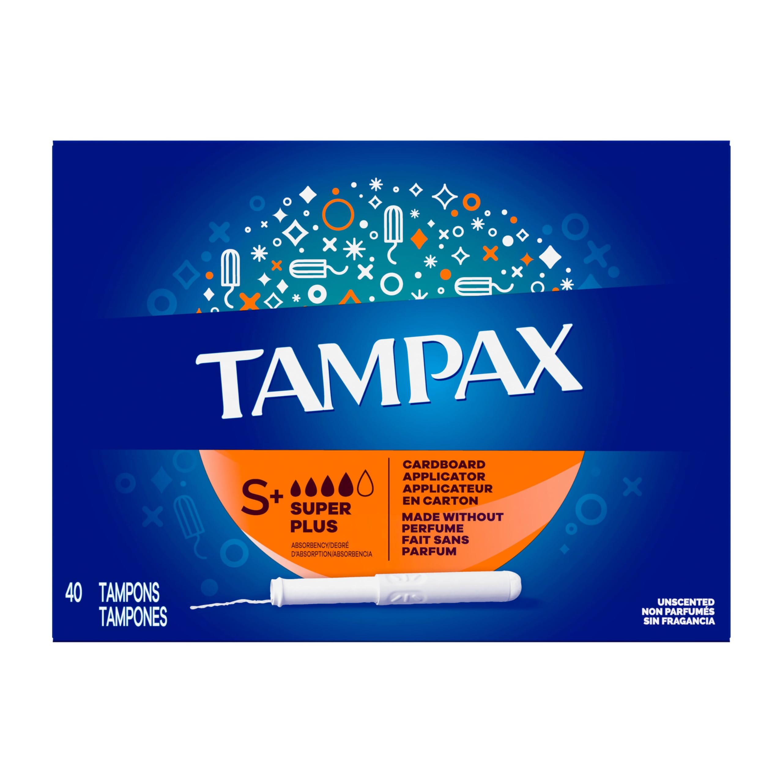 Tampax Cardboard Tampons for Women Super Plus Absorbency, Anti-Slip Grip, LeakGuard Skirt, Unscented, 40 Count