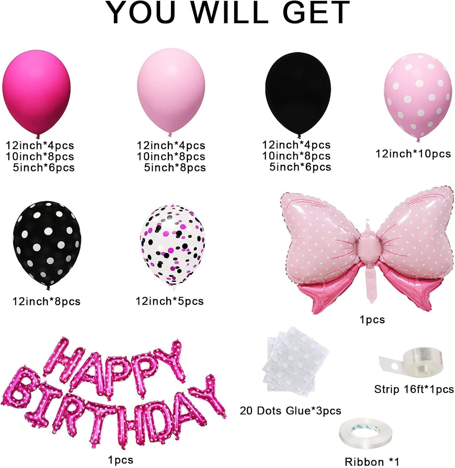 Pink Mouse Balloon Garland Arch Kit for Cartoon Mouse Theme Birthday Party Decorations Girl Kids, Rose Red Pink Black Bow Foil Balloons birthday Banners for Mouse Baby Shower Party Supplies - Image 2