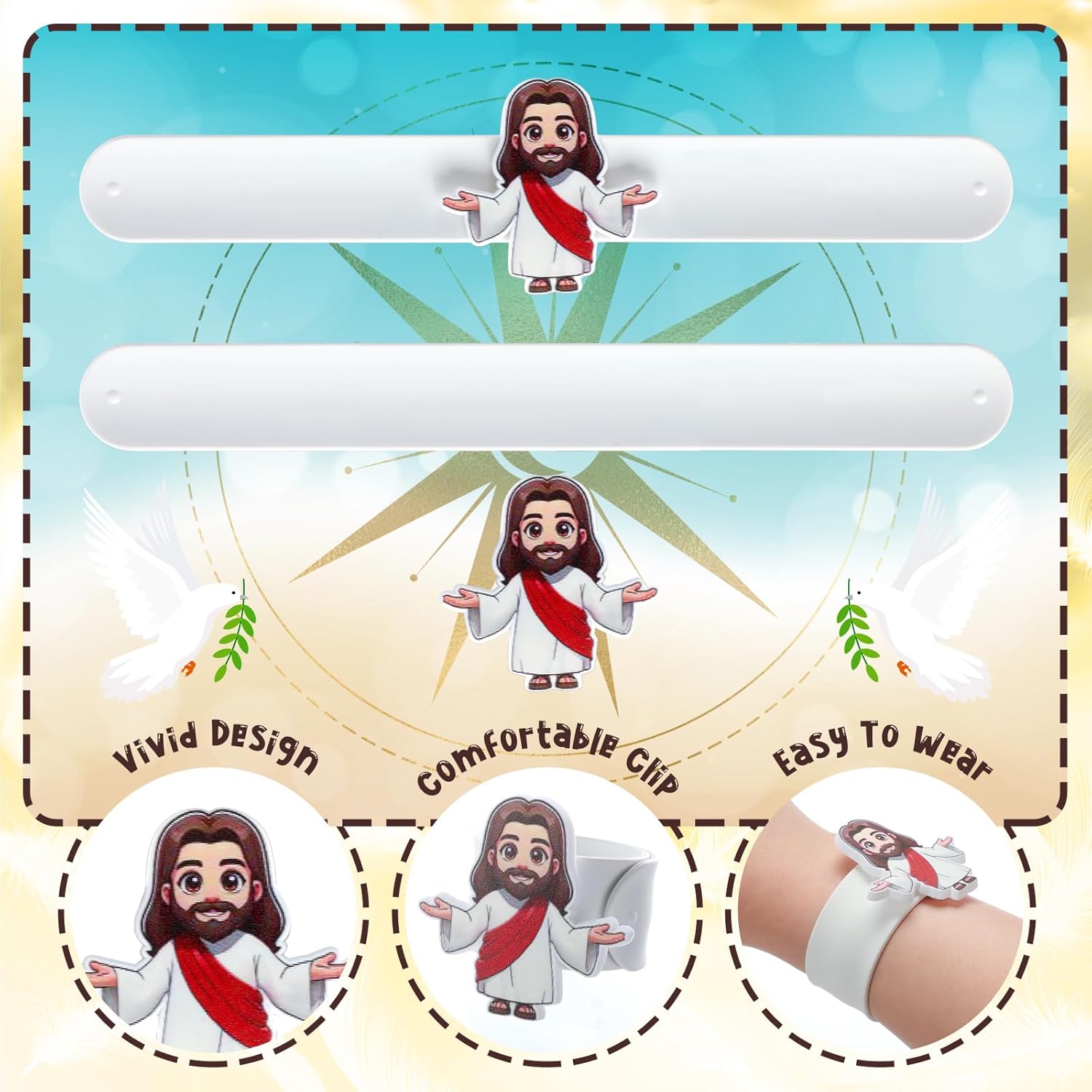 Vinsot 24 Pack Valentine's Day Jesus Slap Bracelets Bulk with Mini Jesus Figures for Kids Christian Party Favors Silicone Religious Snap Bracelets Wristbands for Classroom Prizes Birthday Gifts Sunday