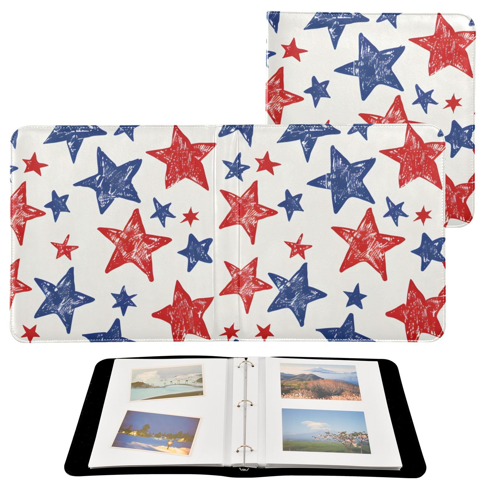 JIPONI Patriotic Star Large Photo Album, DIY Leather Cover Scrapbook Albums for 4x6 5x7 6x8 Pictures, Self Adhesive Memory Book for Wedding, Baby, Family