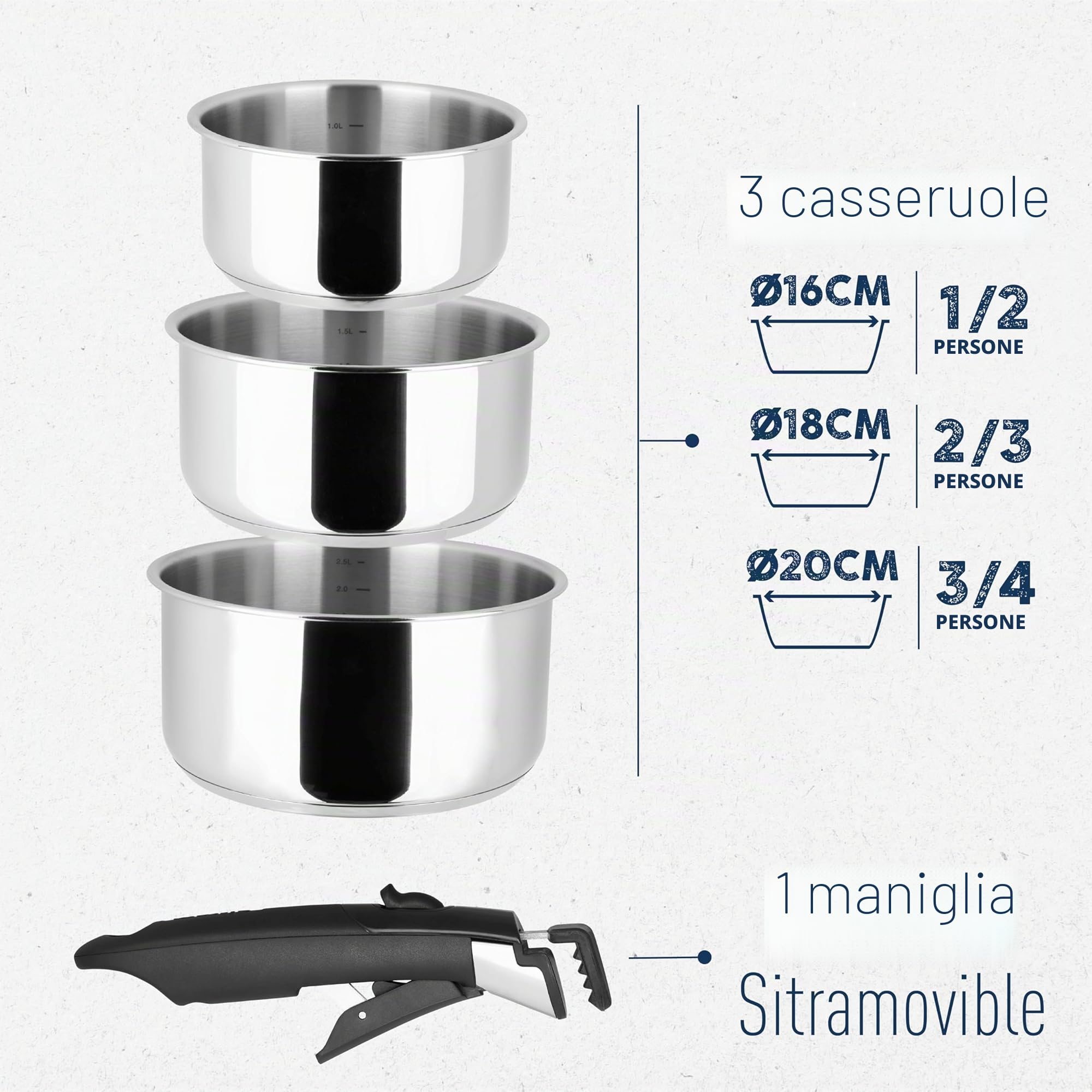 Sitram 713511 Set 3 pentole 16+18+20cm Sitramovible Arpege in acciaio inox, manico removibile-Tutte le fonti di calore compresa induzione
