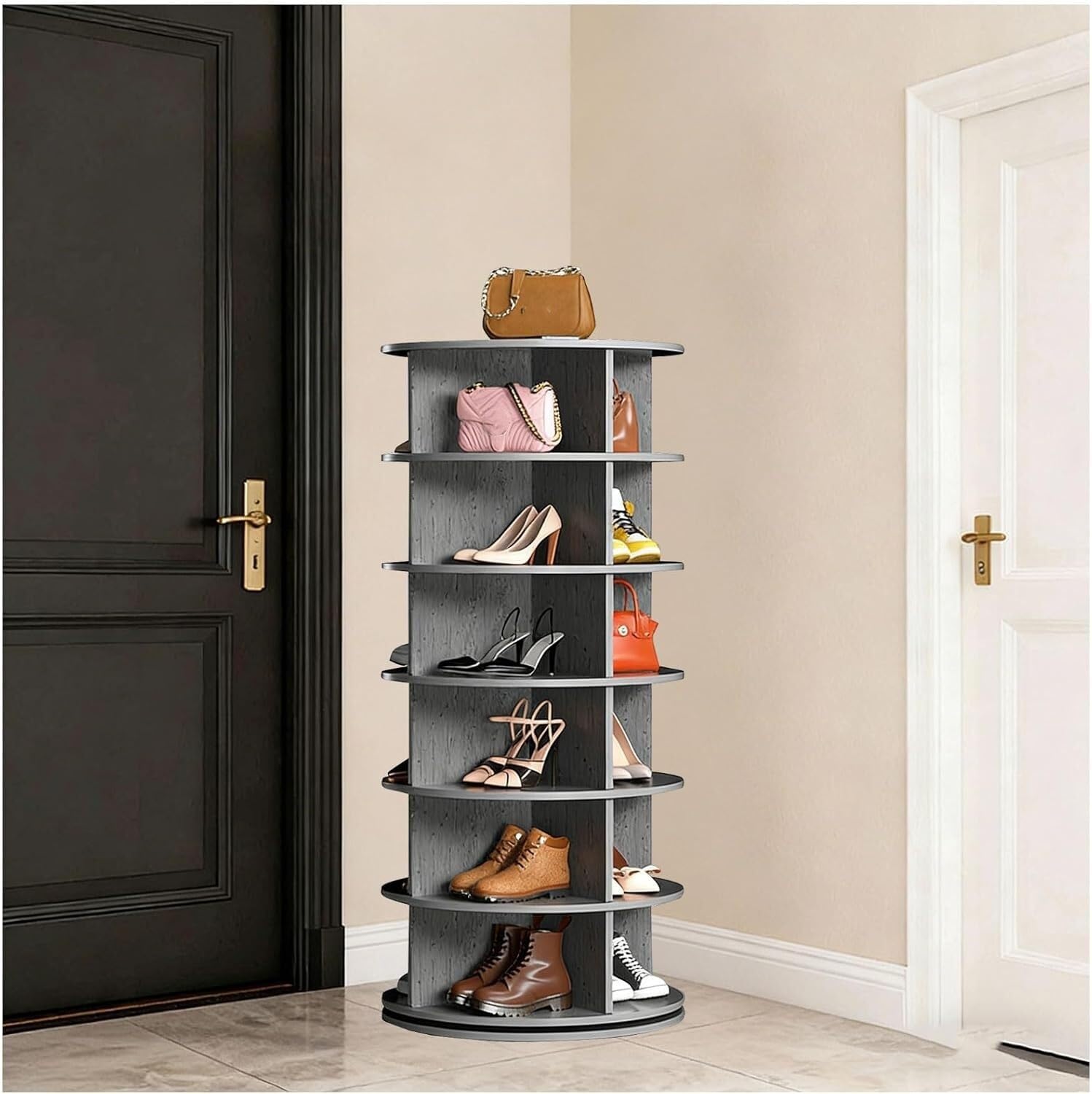 Lshtshf-Ou Black Rotating Shoe Rack Tower,360° Spinning Storage Organizer Modern Round Carousel For Closet Entryway Bedroom(,6-Tier)