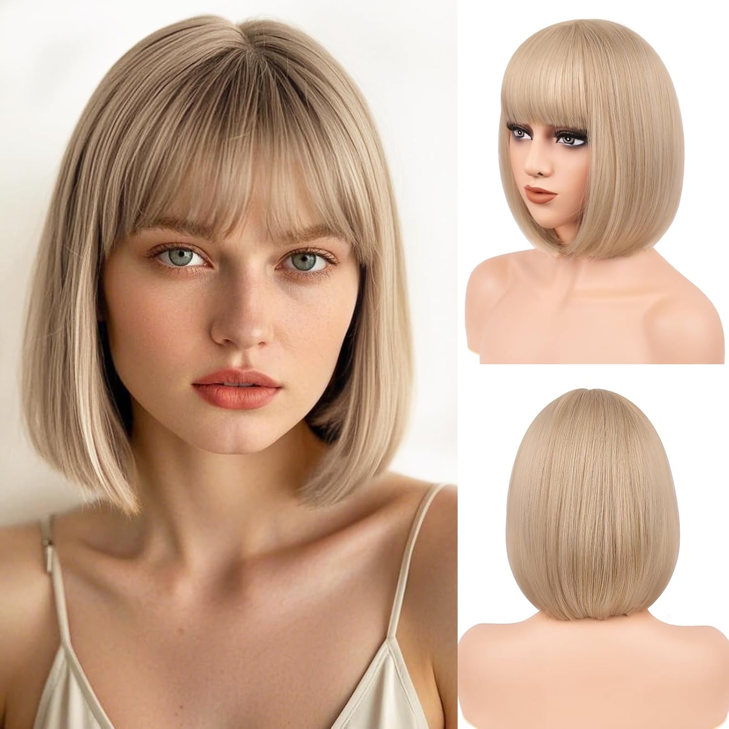 BATISI Short Blonde Bob Wig with Bangs Straight Wigs for Women Gold Wig Colorful Halloween Costume Cosplay Daily Party Neon Wig 12 Inch 12" #24/60