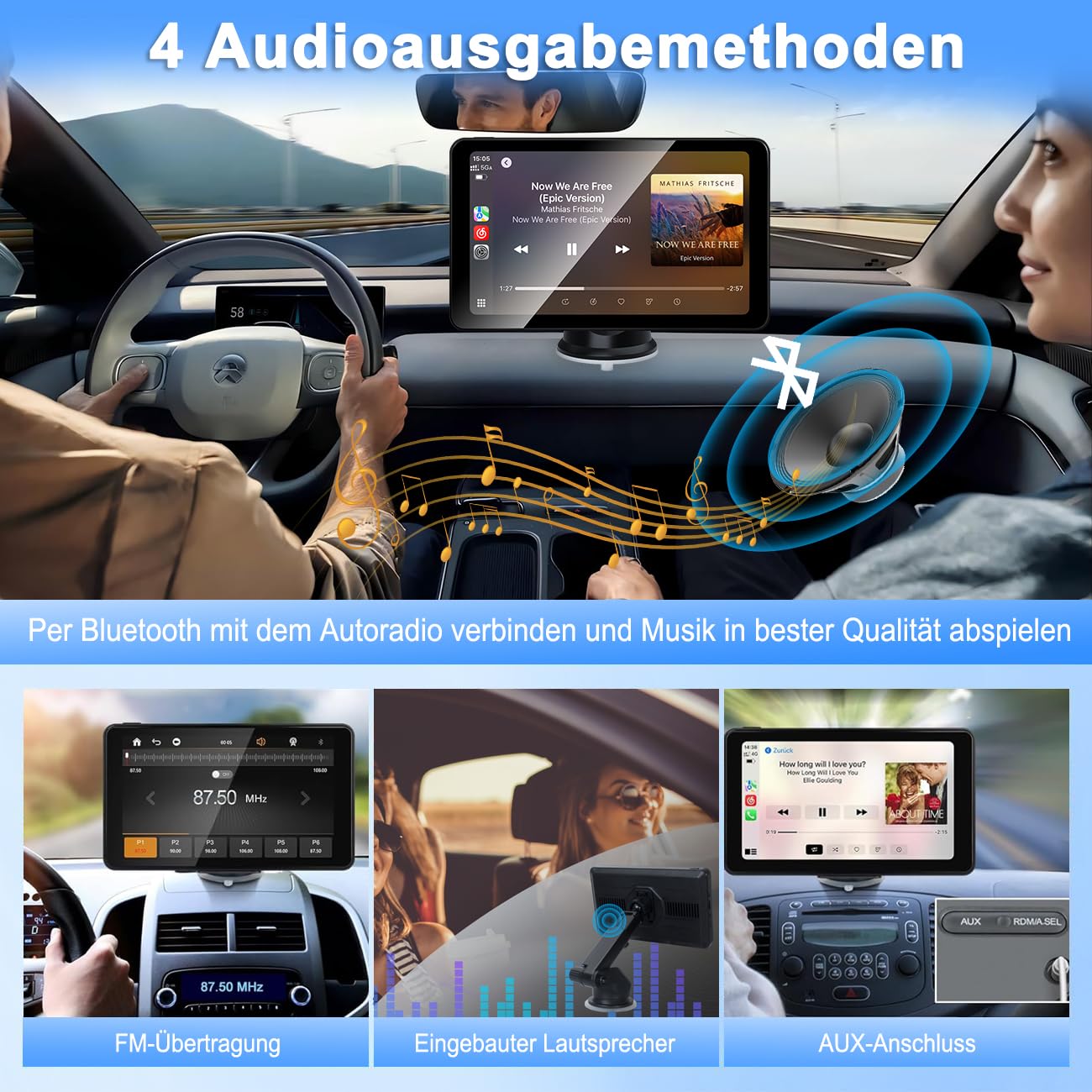 Tragbare CarPlay Display, Wireless Android Auto Monitor, IPS Touchscreen Bildschirm mit Bluetooth-Freisprecheinrichtung, Siri, Sprachassistent, Live-Navigation, MirrorLink, FM, AUX (7 Zoll)