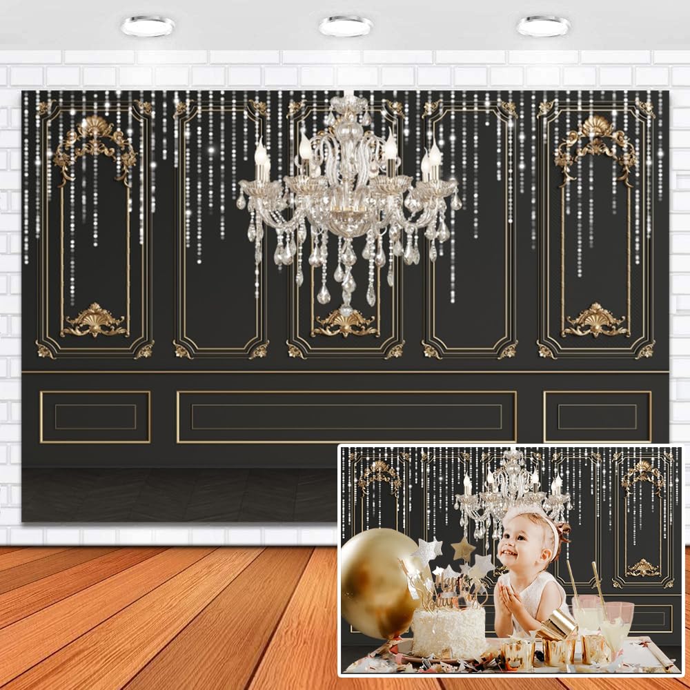 XMJJKUF Roaring 1920s Great Backdrop Party Decorations 20x10ft Vinyl Black Gold Chandelier Luxury Background Masquerade Prom Vintage 20s Art Wall