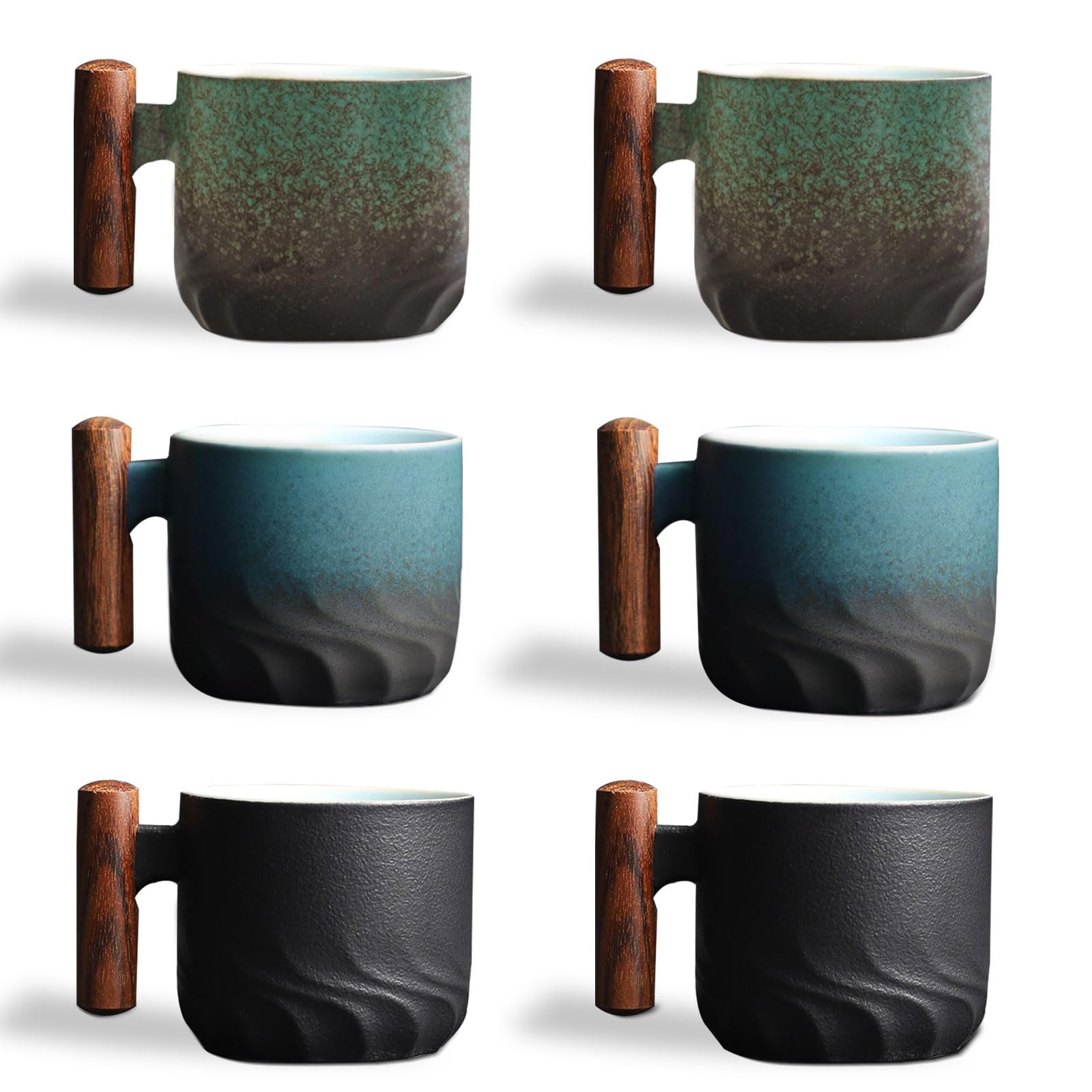 Lot de 6 Tasses à Expresso (6 x 70 ml) Tasse a Cafe Céramique Tasse Expresso avec Anse en Bois, Ensemble Tasse a Cafe Petite Tasse à Café pour Espresso, Thé (Lot de 6 - Noir Bleu Vert)